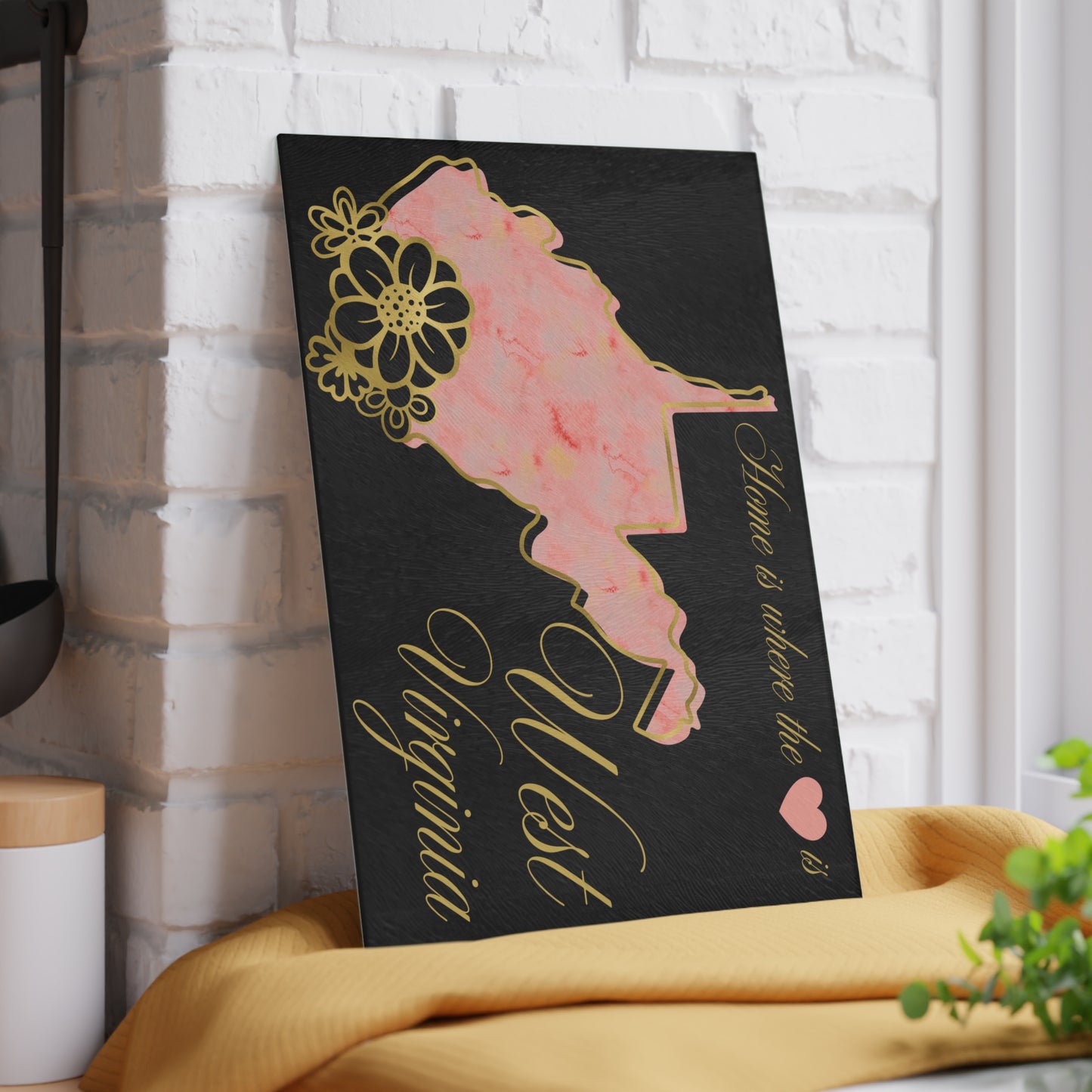 🏡 West Virginia Floral State Cutting Board – “Home is Where the Heart Is” in Blush & Gold 🌸
