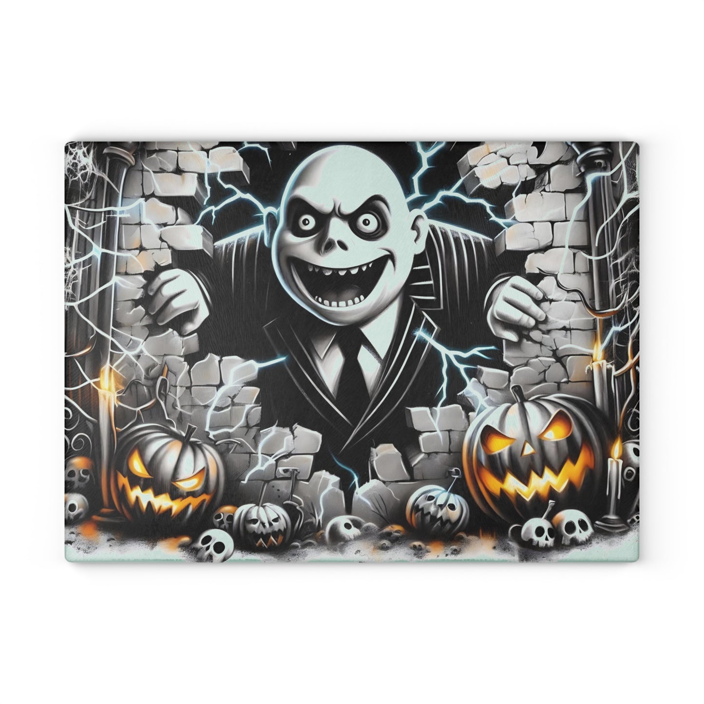 🎃 Haunting Brick Wall Villain Cutting Board – Electric Scare & Pumpkin Glow Kitchen Horror 💀⚡