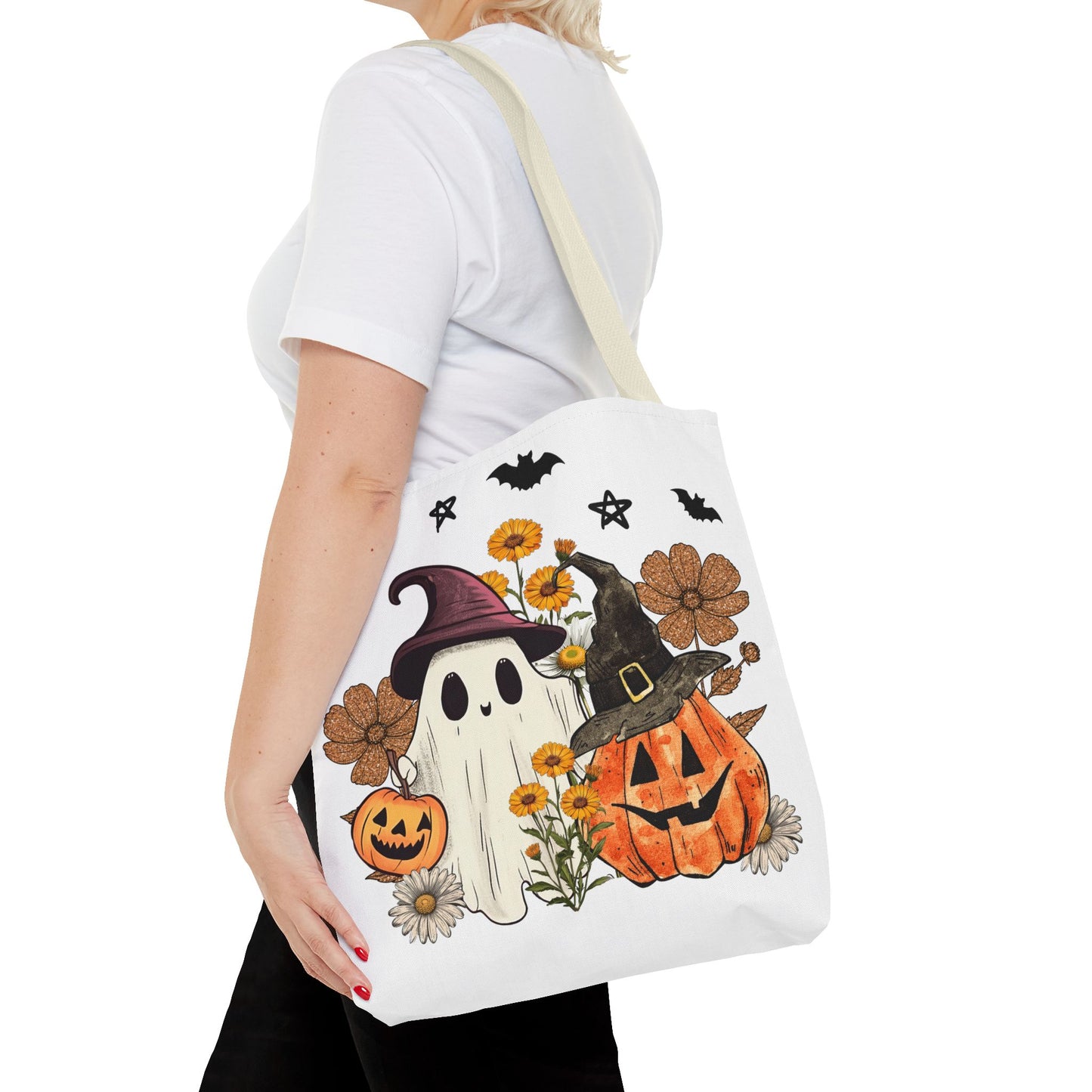 🎃 Ghost & Pumpkin Floral Tote Bag – Whimsical Halloween Charm 👻👜