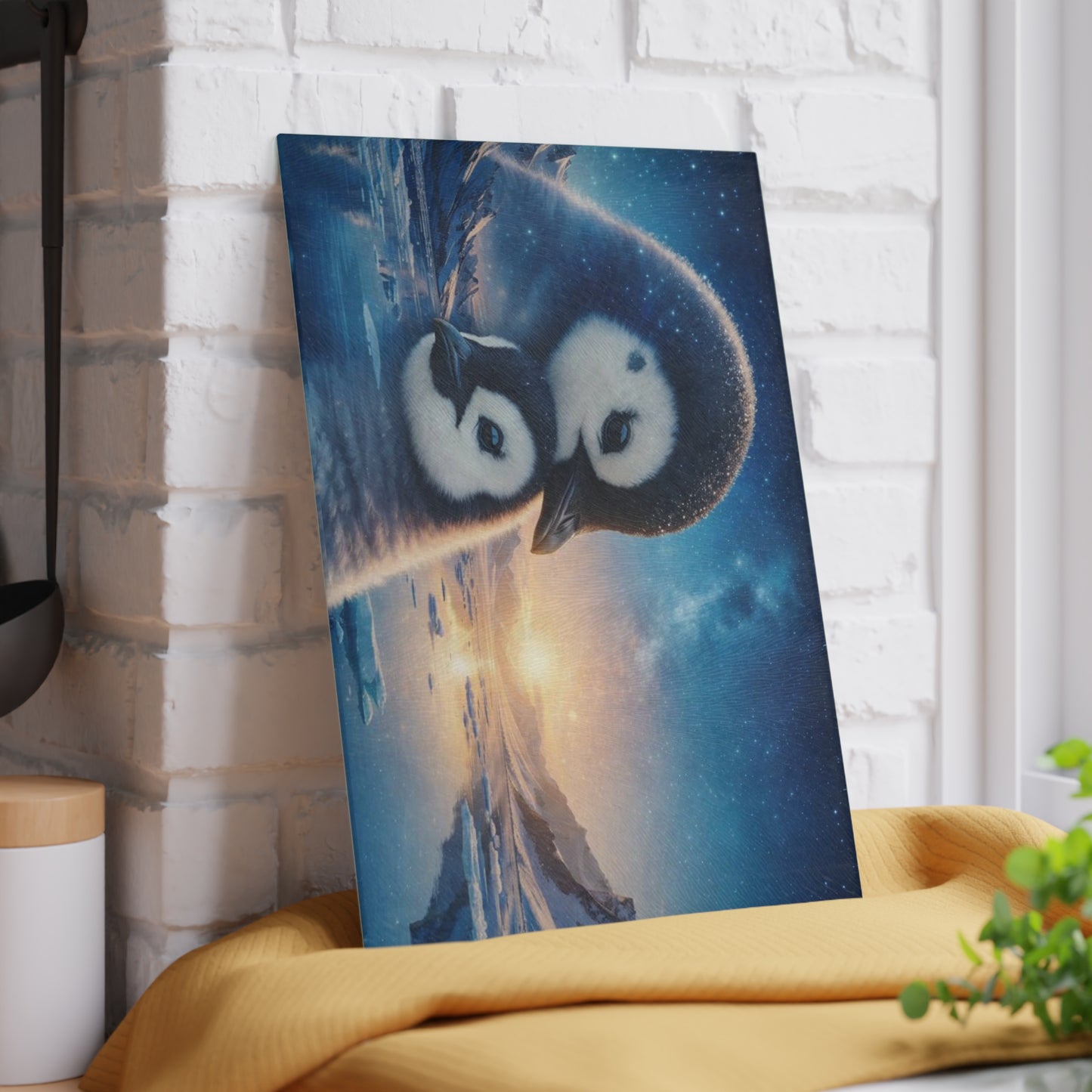 Arctic Penguin Family Northern Sky Glass Cutting Board – Peaceful Polar Wildlife Kitchen Art