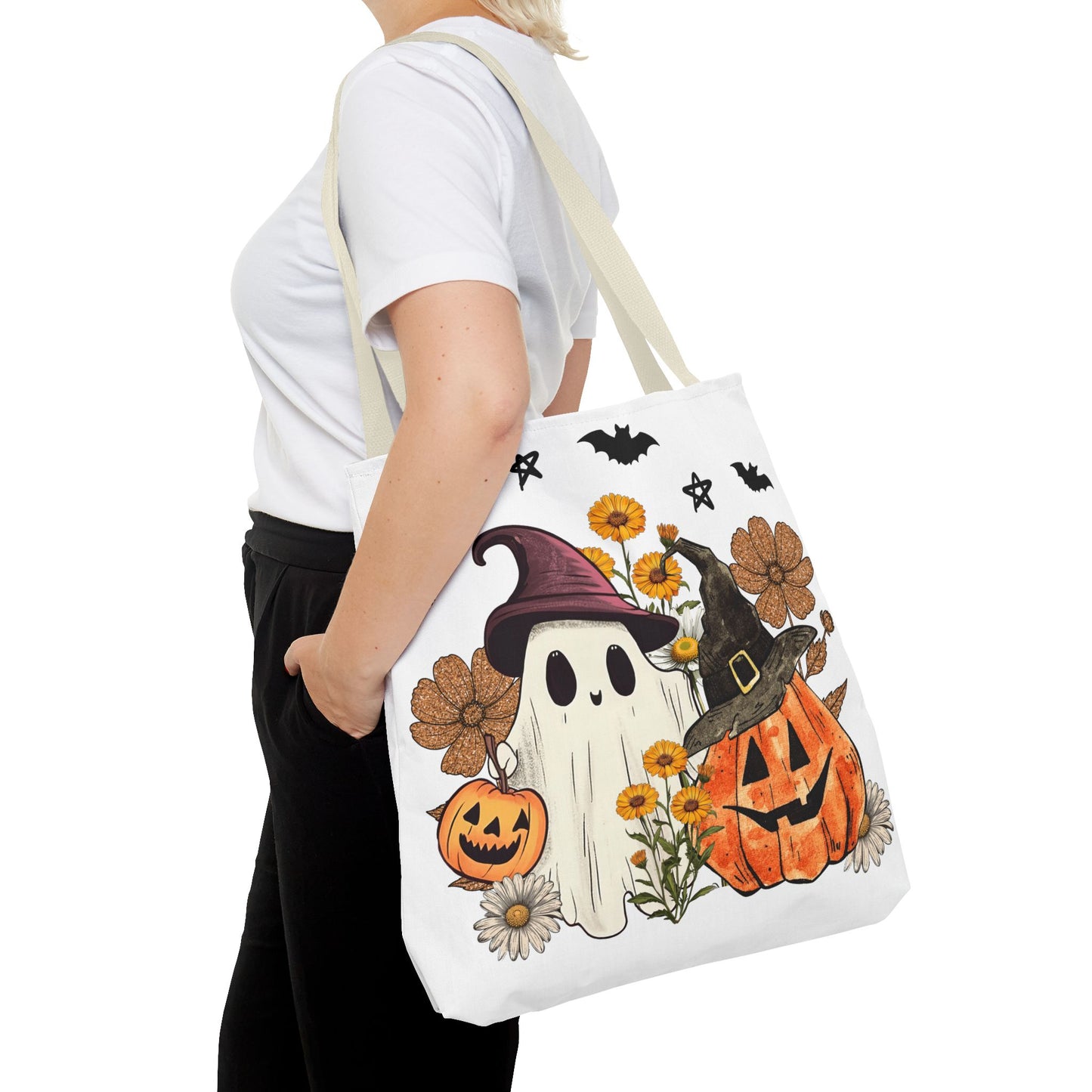 🎃 Ghost & Pumpkin Floral Tote Bag – Whimsical Halloween Charm 👻👜
