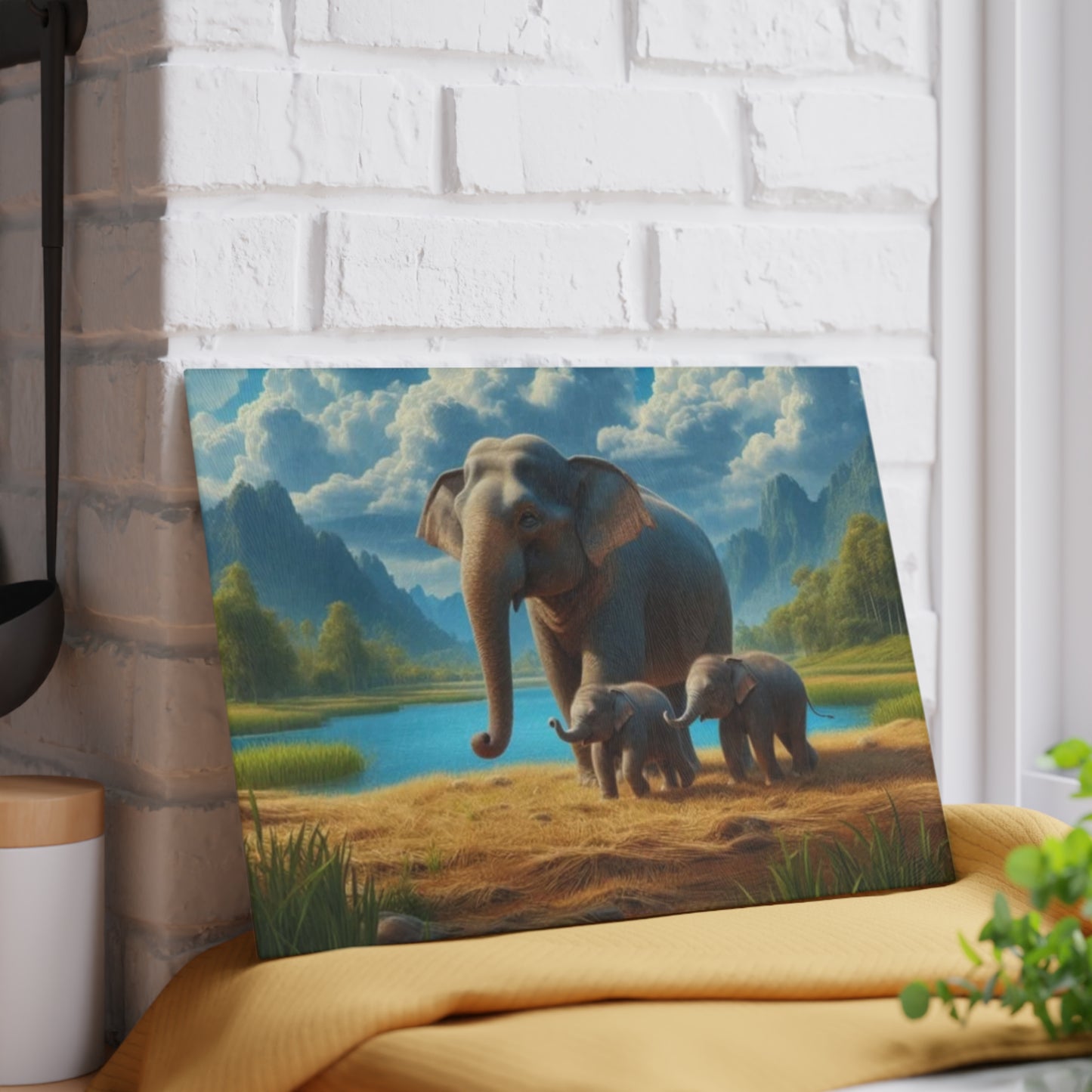 🐘🌿 Elephant Family Glass Cutting Board – Serene Nature Elegance for Your Kitchen 🌊