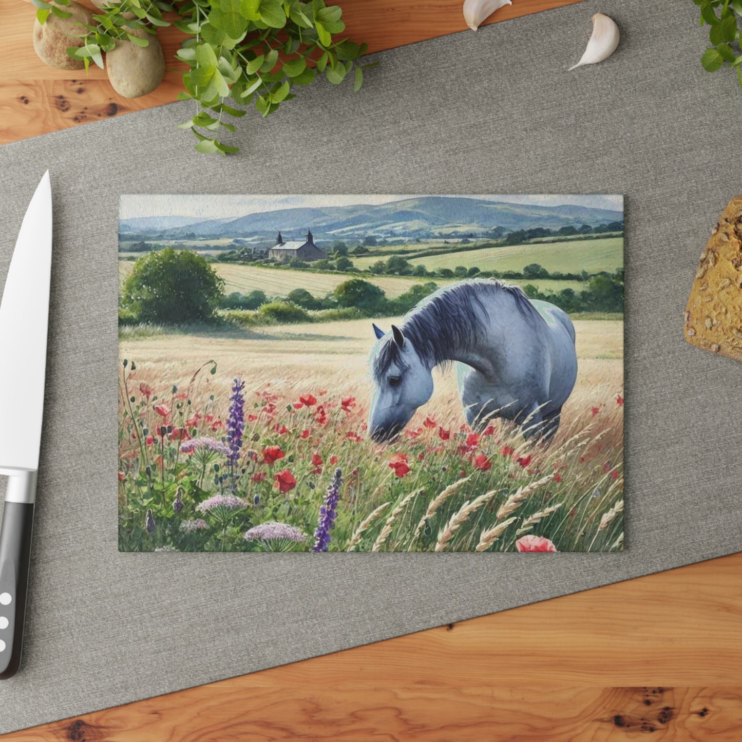 Horse Cutting Board, Equestrian Gift, Glass Cutting Board, Rustic Kitchen Decor, Horse Lover Gift, Farmhouse Kitchen Decor, Horse Lover Gift