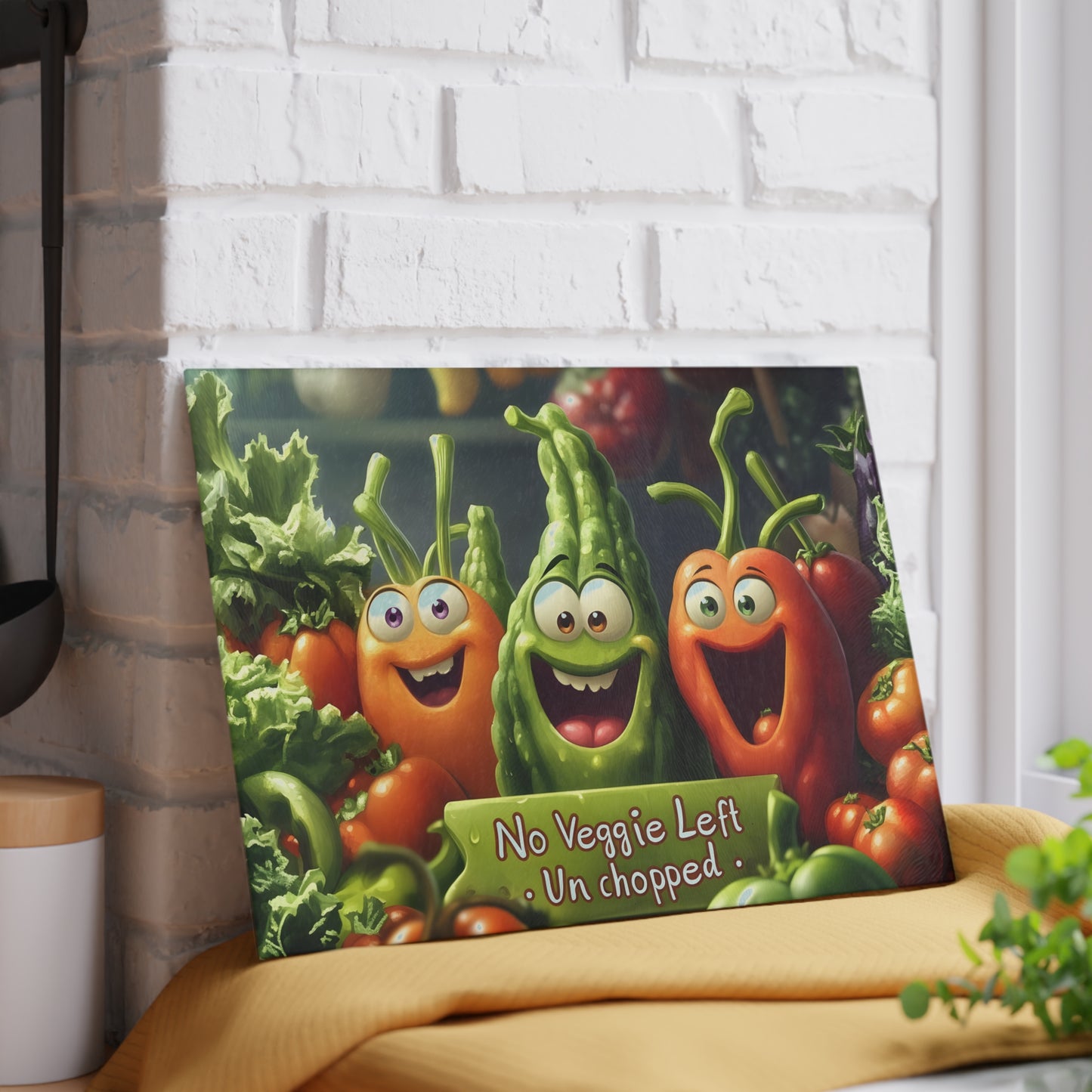 Tabla de cortar de vidrio “Ninguna verdura sin picar” – Humor de cocina con verduras que ríen 😆🍅