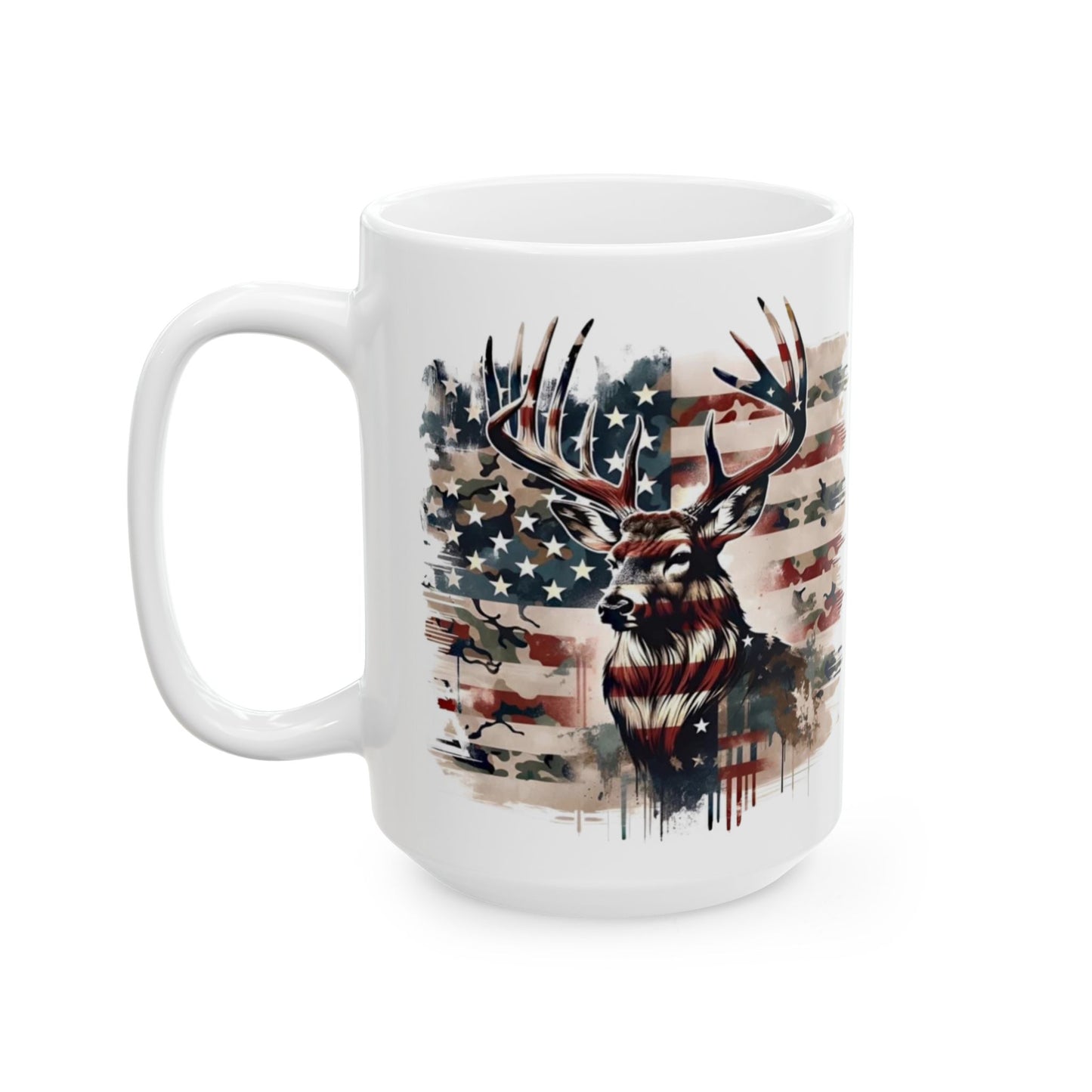 🦌USA Camo Flag Buck – Patriotic Hunting Coffee Mug (11oz & 15oz)