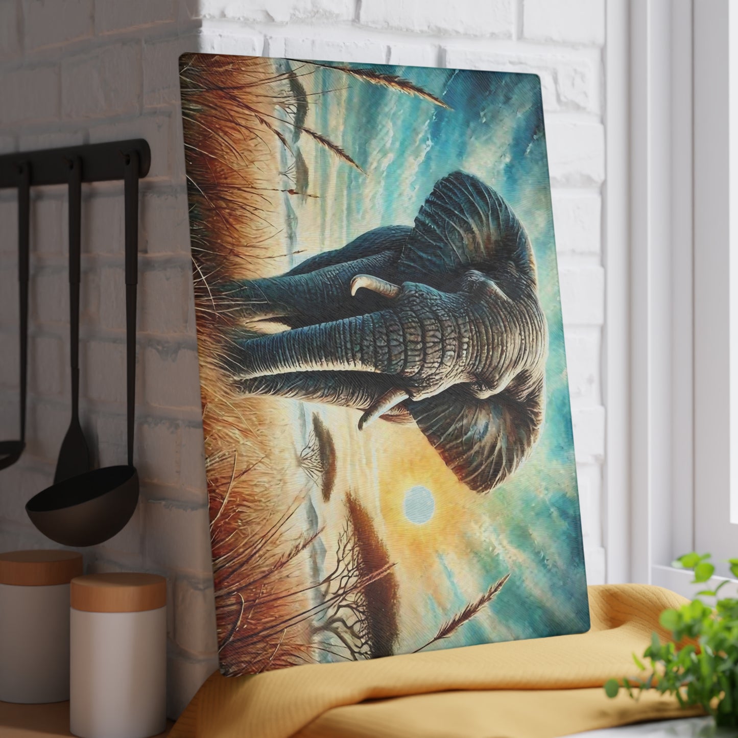 🐘 Majestic Elephant Sunset – Tempered Glass Cutting Board
