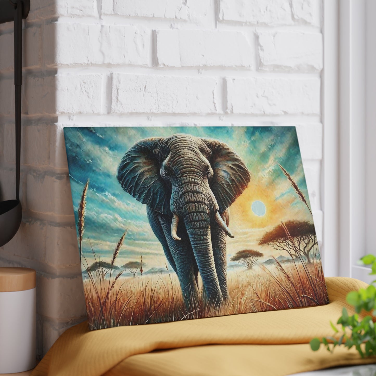 🐘 Majestic Elephant Sunset – Tempered Glass Cutting Board