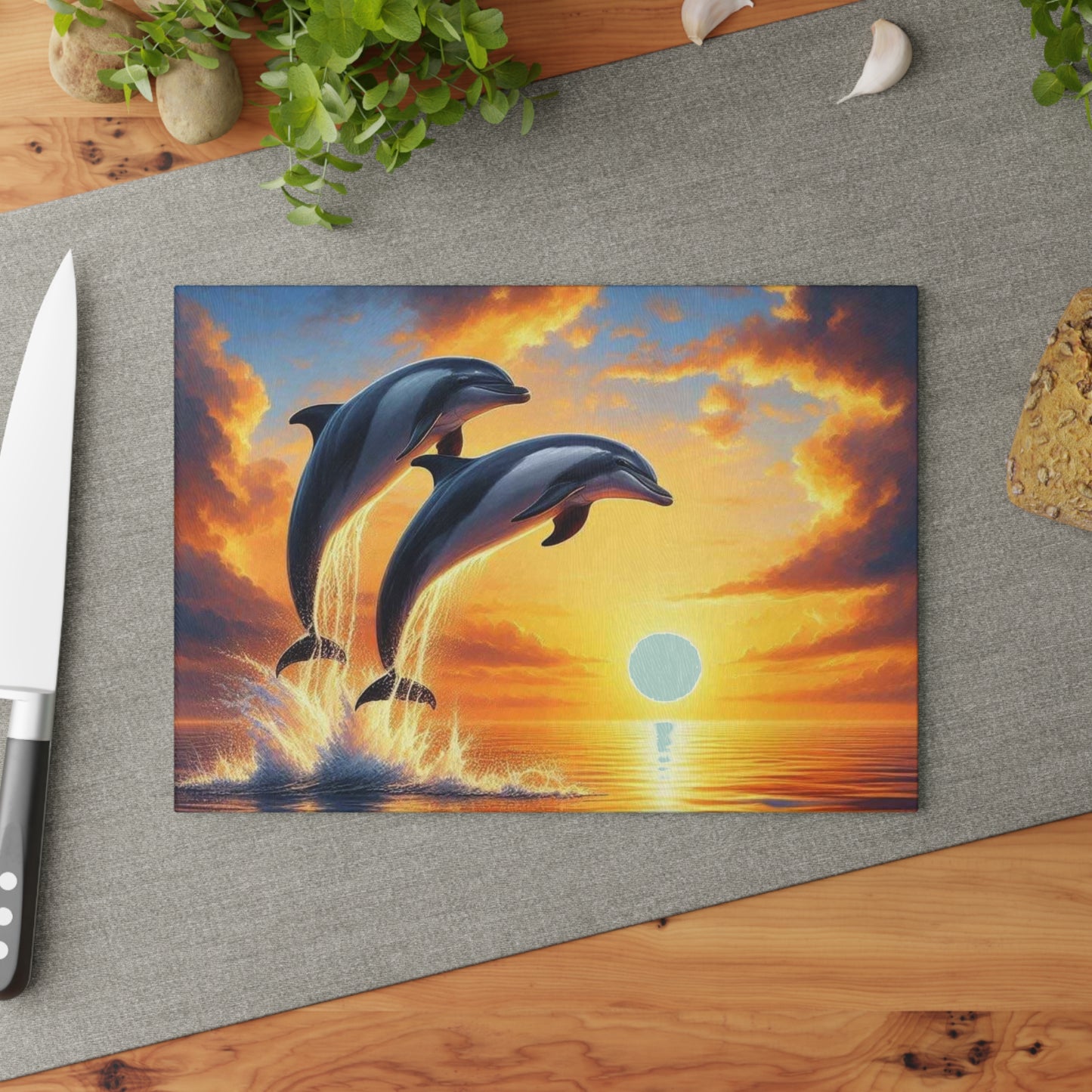 Tabla de cortar con forma de delfín, decoración de casa de playa, tabla de cortar de vidrio templado, amantes del océano, amantes del atardecer, regalo para amantes de los delfines, tabla de charcutería.