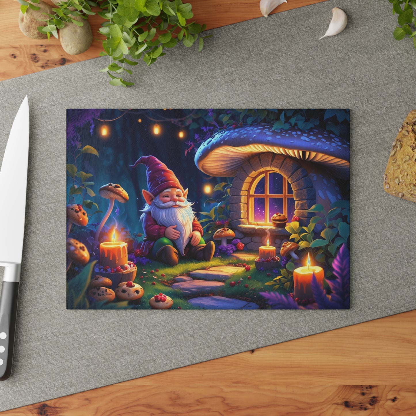 🍄✨ Whimsical Gnome Cottage Cutting Board – Enchanted Forest Charm for Your Kitchen