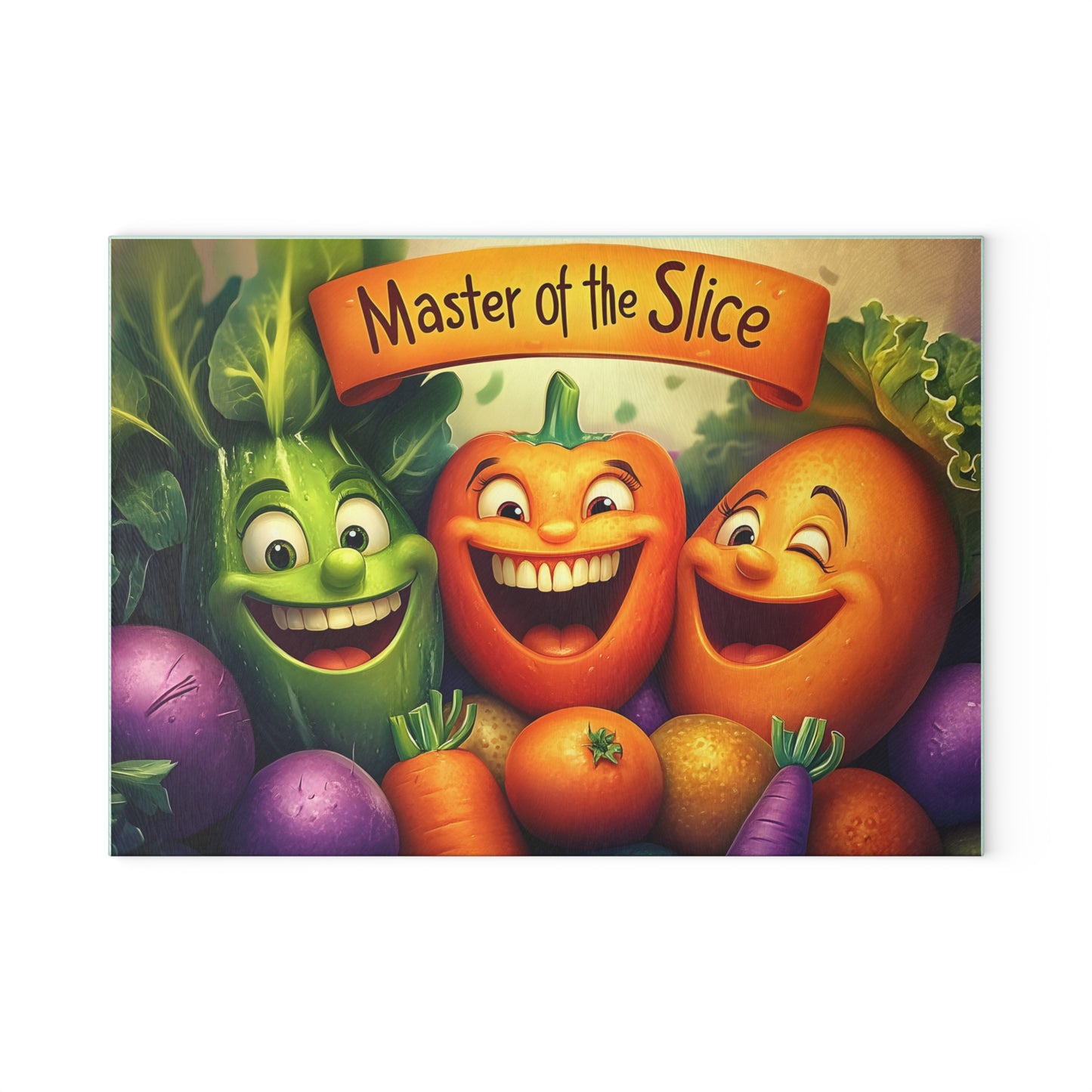Tabla de cortar de vidrio “Maestra del Corte” – Humor de cocina de verduras que ríen 😄🍅