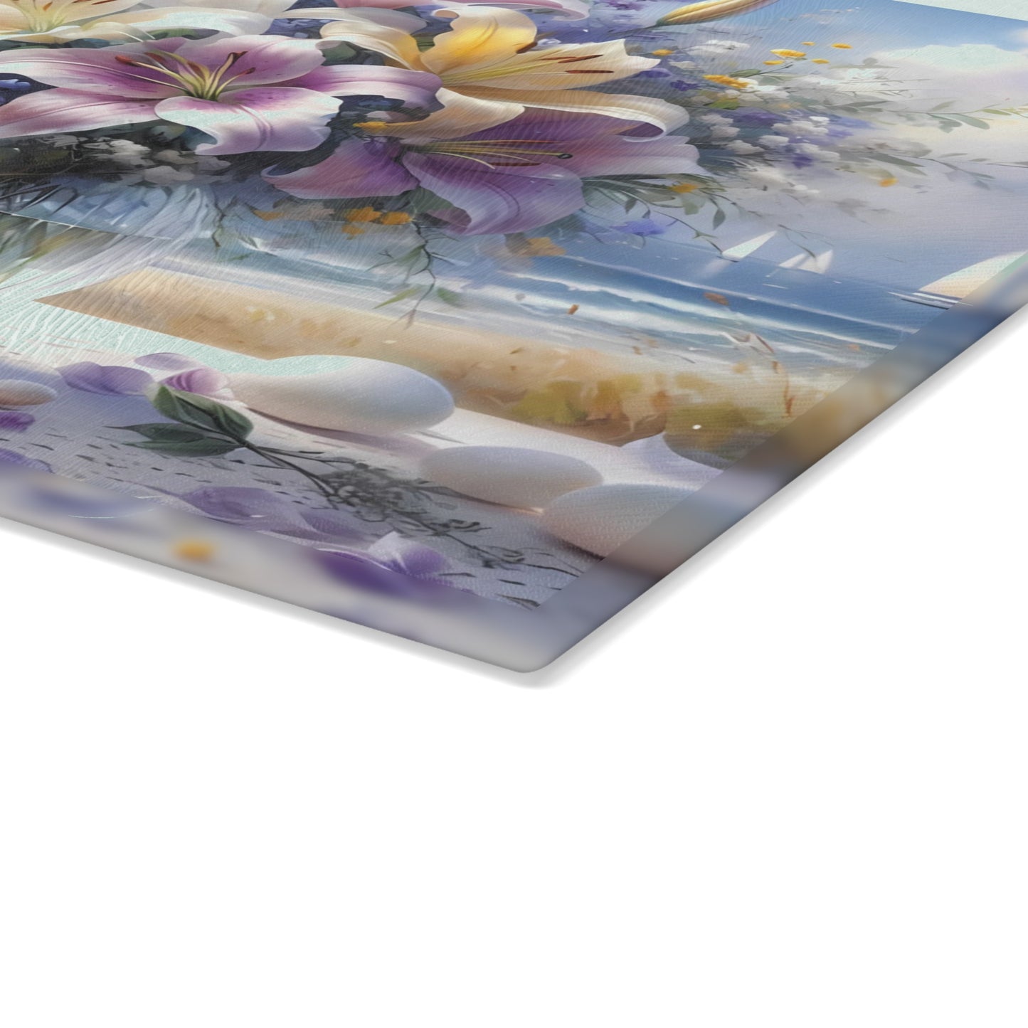 Tabla de cortar con diseño de lirios marinos: decoración floral costera para cocinas elegantes