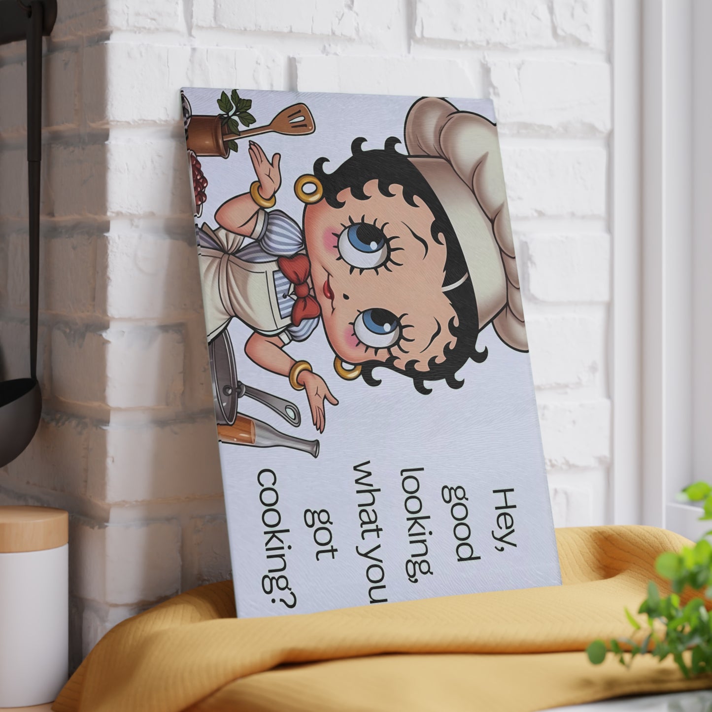👩🍳 Retro Chef Girl Glass Cutting Board – “Hey Good Looking, What You Got Cooking?”