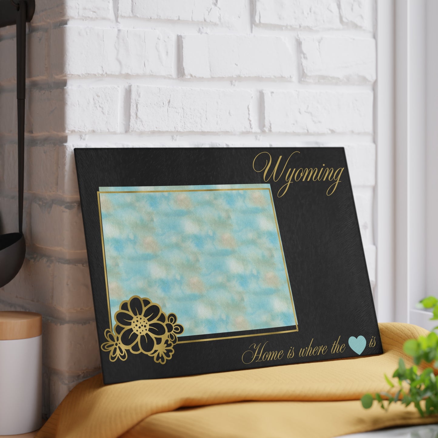 🌿 Wyoming Floral State Cutting Board – Sky Blue Serenity Meets Rustic Gold 🌿