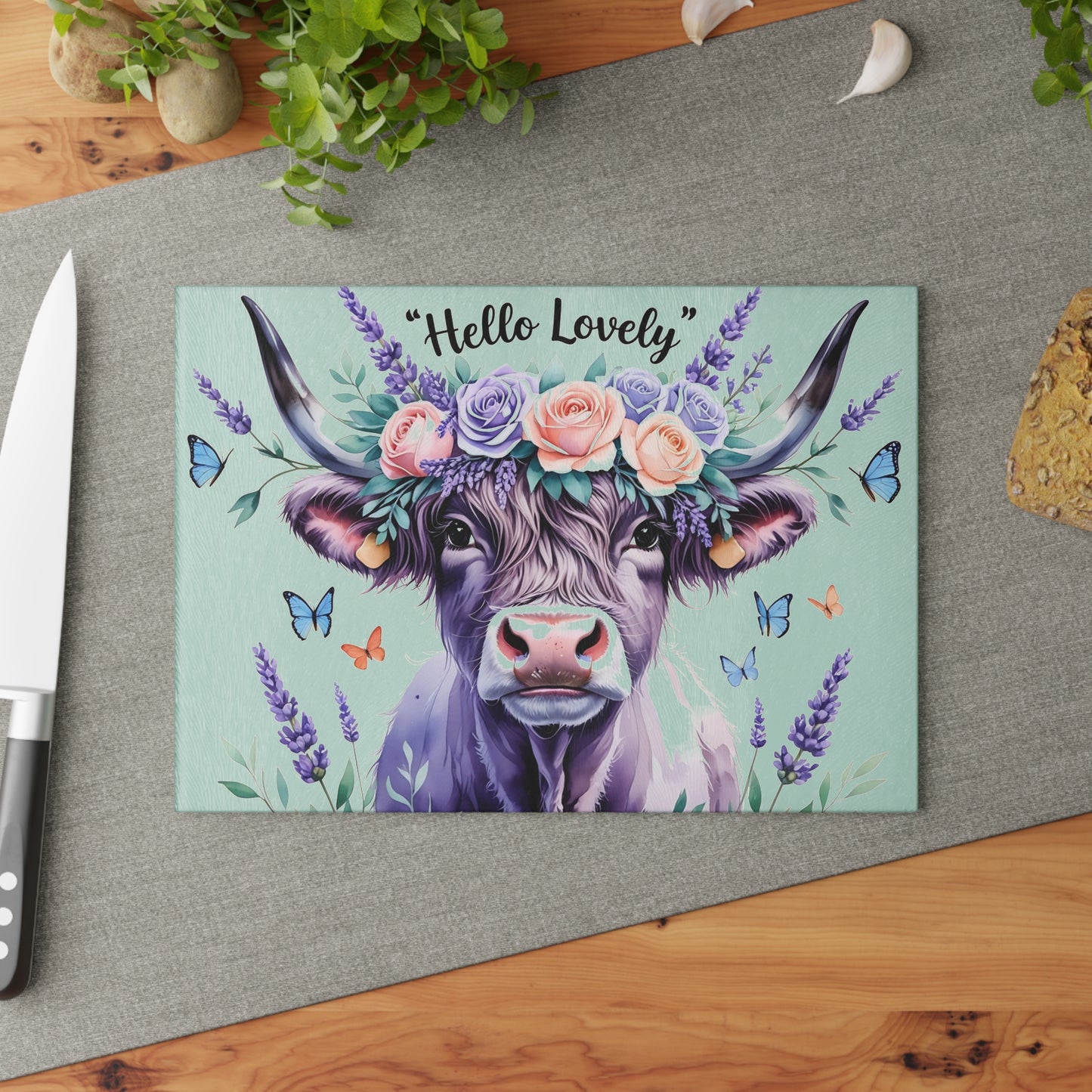 🐮 “Hello Lovely” Highland Cow Cutting Board – Floral Charm Meets Farmhouse Style
