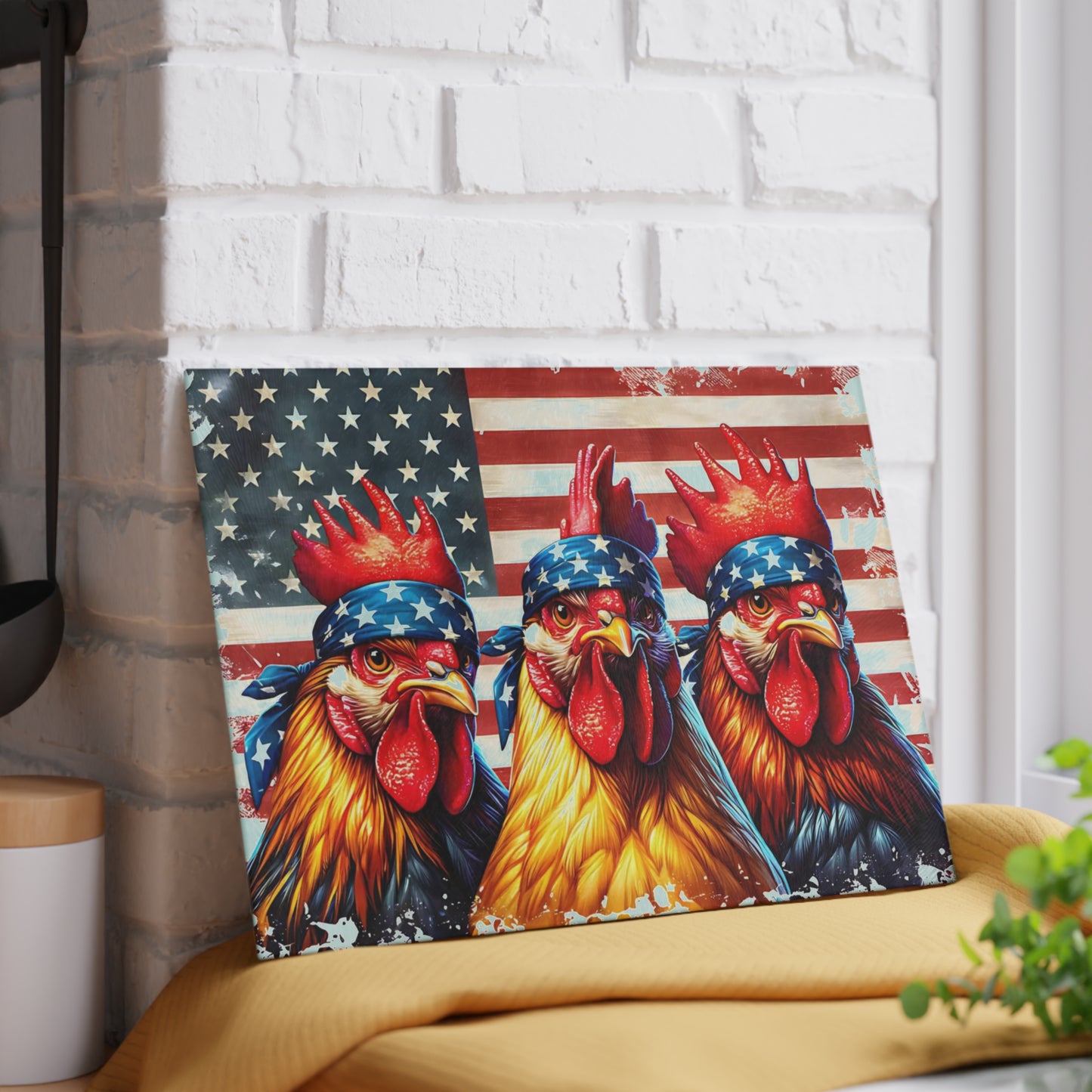 🐓🇺🇸 Patriotic Rooster Bandana Cutting Board – Bold Farmhouse Americana Kitchen Décor 🌾✨