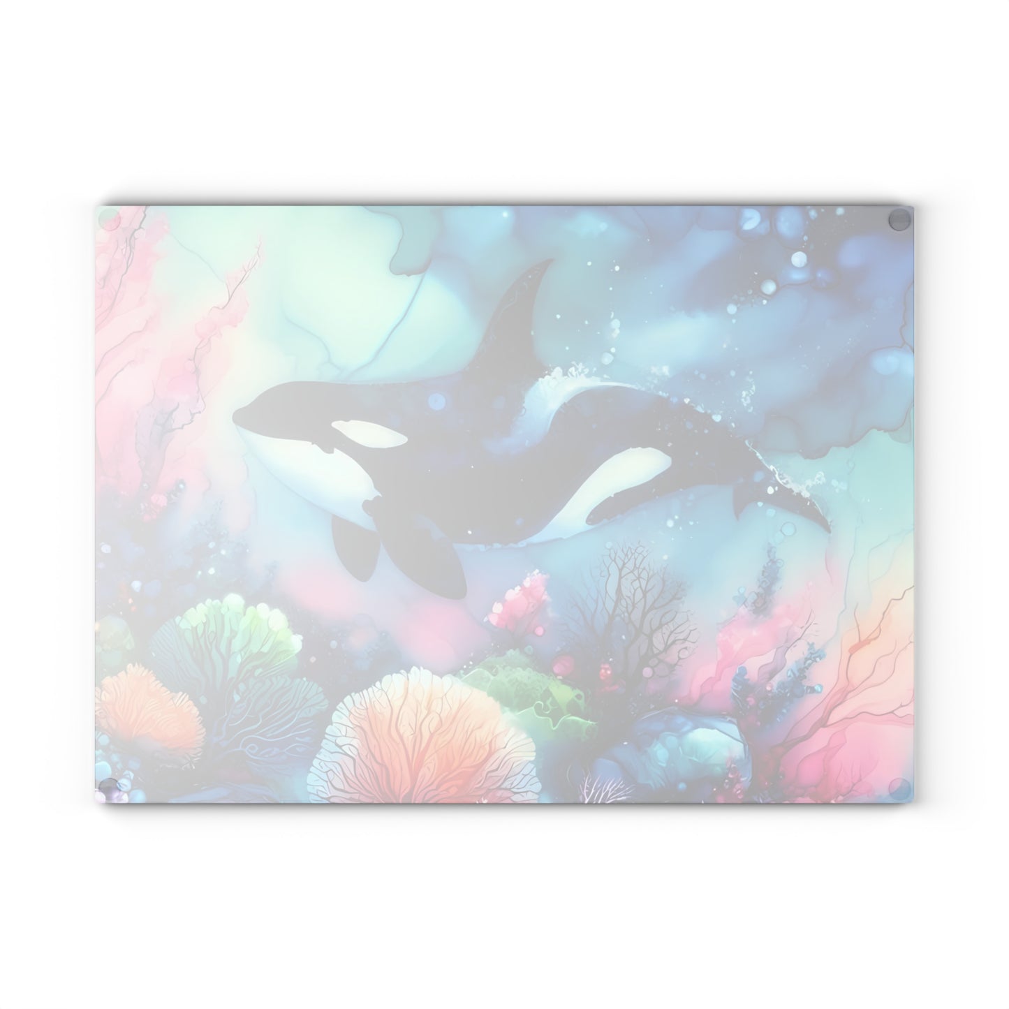 Tabla de cortar de vidrio con orca en acuarela: arte submarino vibrante para hogares amantes del océano