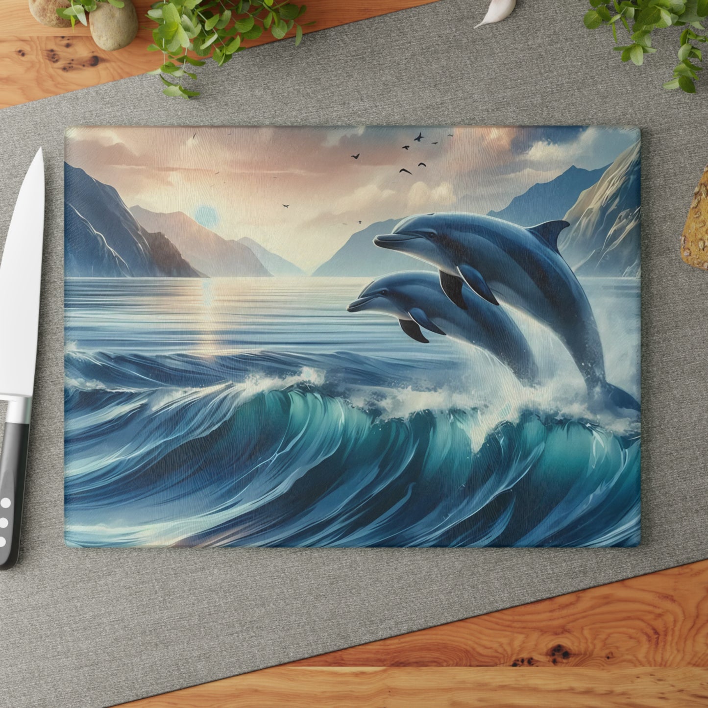 🌊🐬 Ocean Wave Dolphins Cutting Board – Coastal Elegance for Your Kitchen 🐬🌊