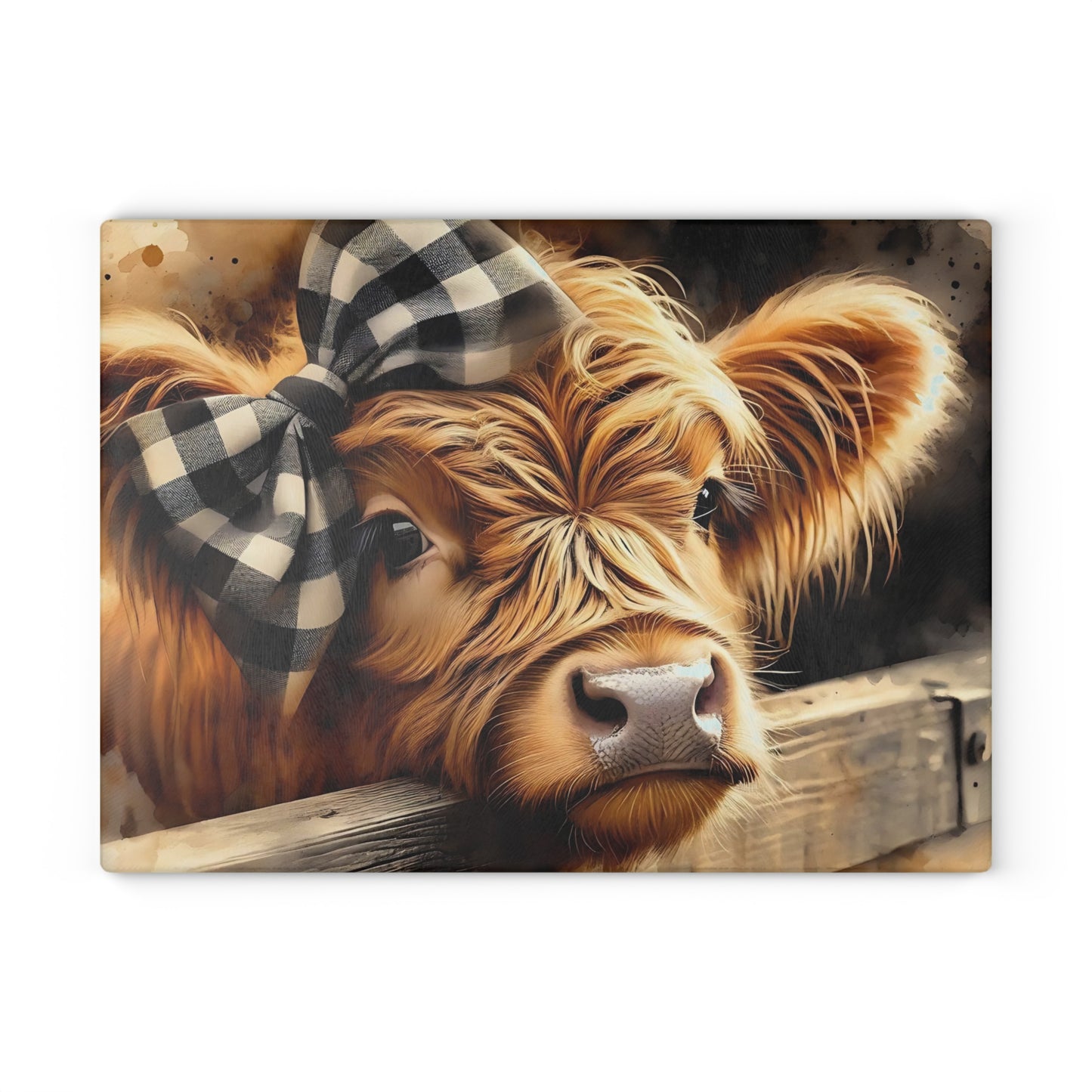 Tabla de cortar de vidrio con diseño de vaca de las Tierras Altas y lazo a cuadros – Decoración de cocina rústica