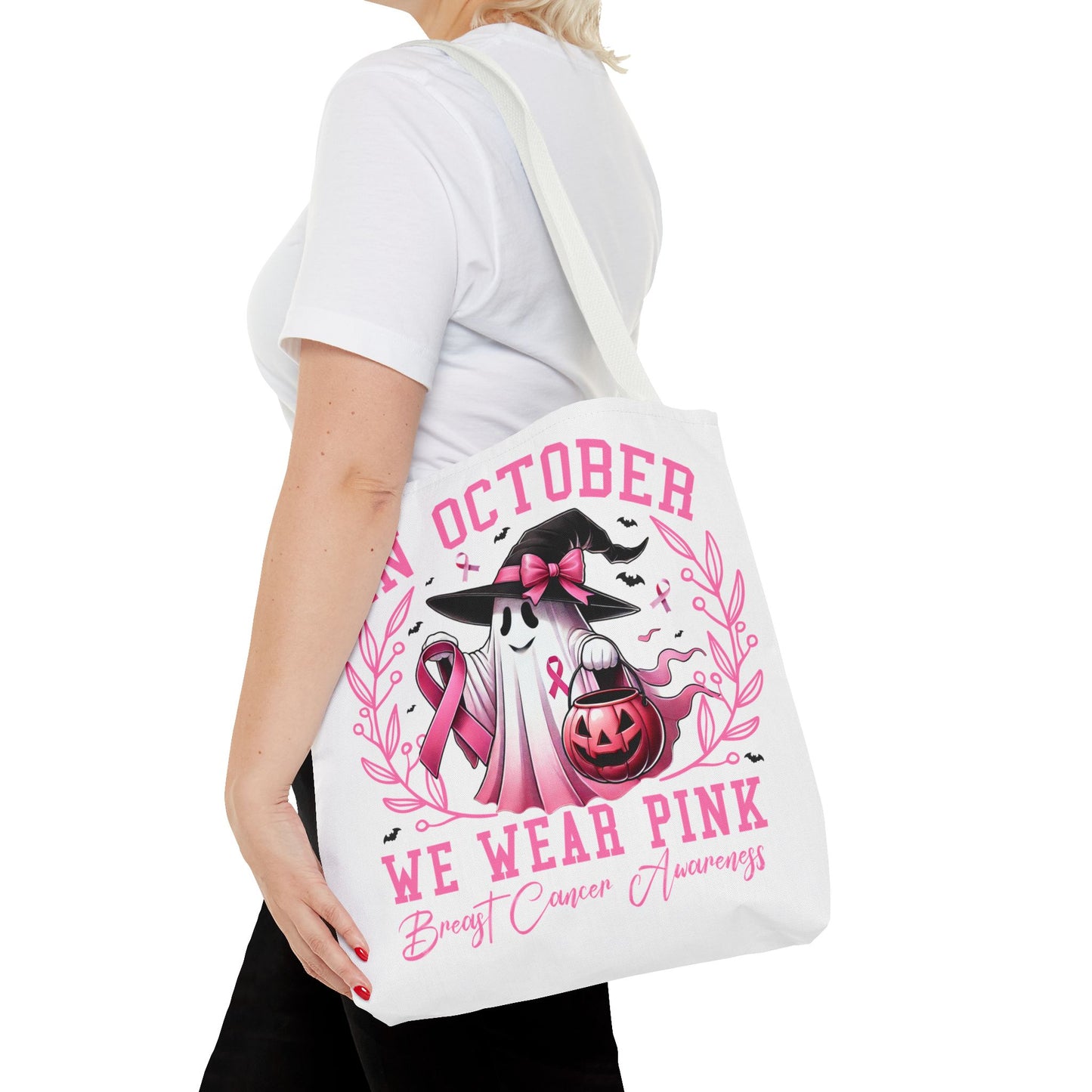 🎀 In October We Wear Pink Tote Bag – Breast Cancer Awareness with Spooky Charm 🎃