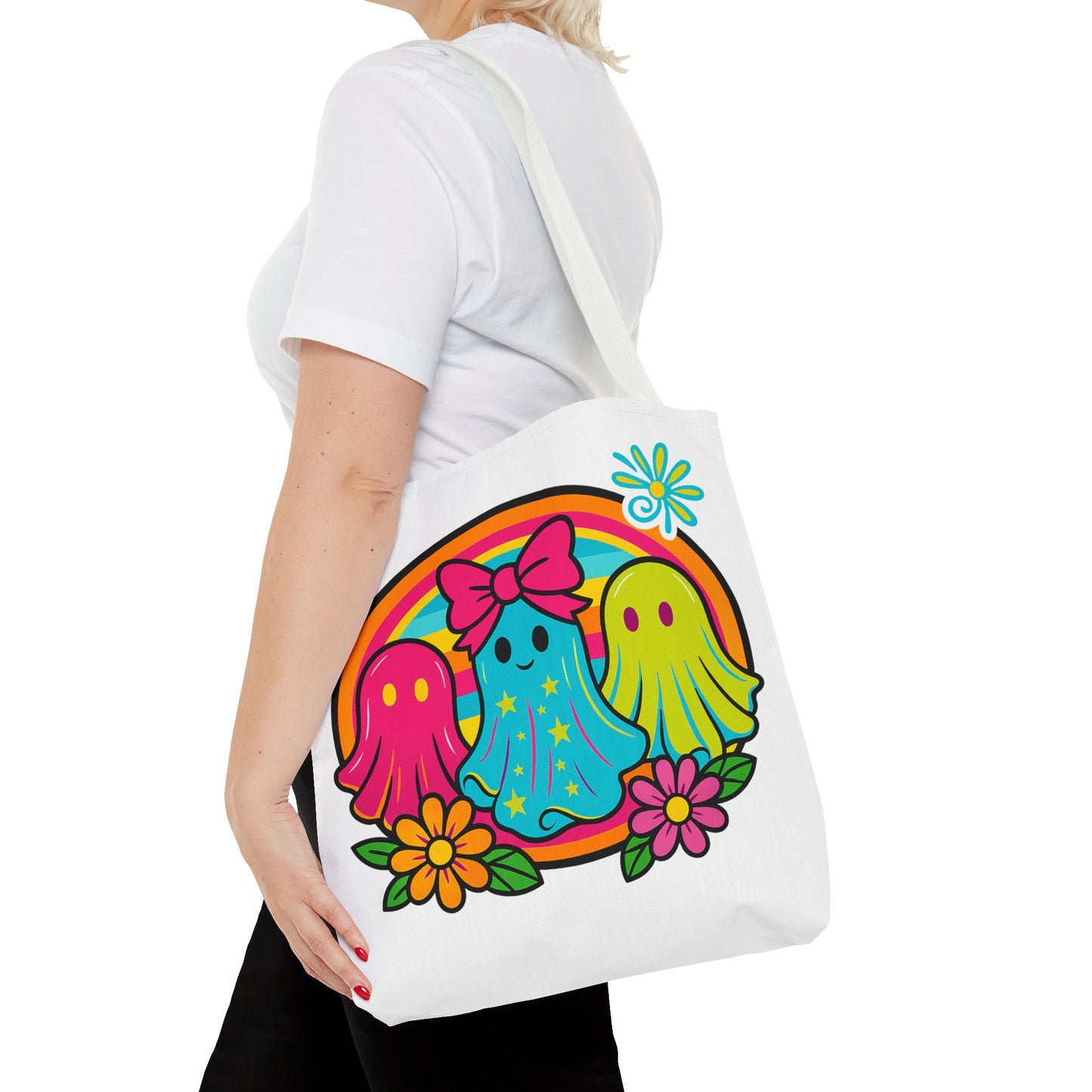 ๐ Retro Rainbow Ghosts Tote Bag โ Groovy Spooky Fun ๐ป๐