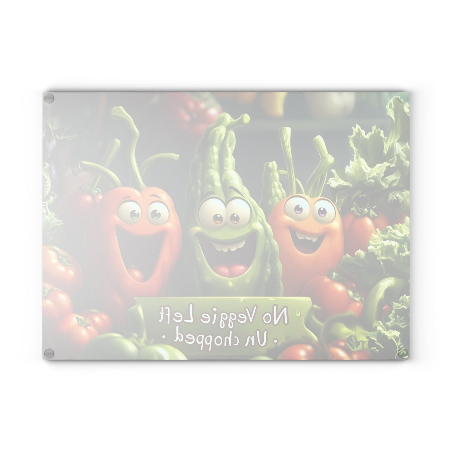 Tabla de cortar de vidrio “Ninguna verdura sin picar” – Humor de cocina con verduras que ríen 😆🍅