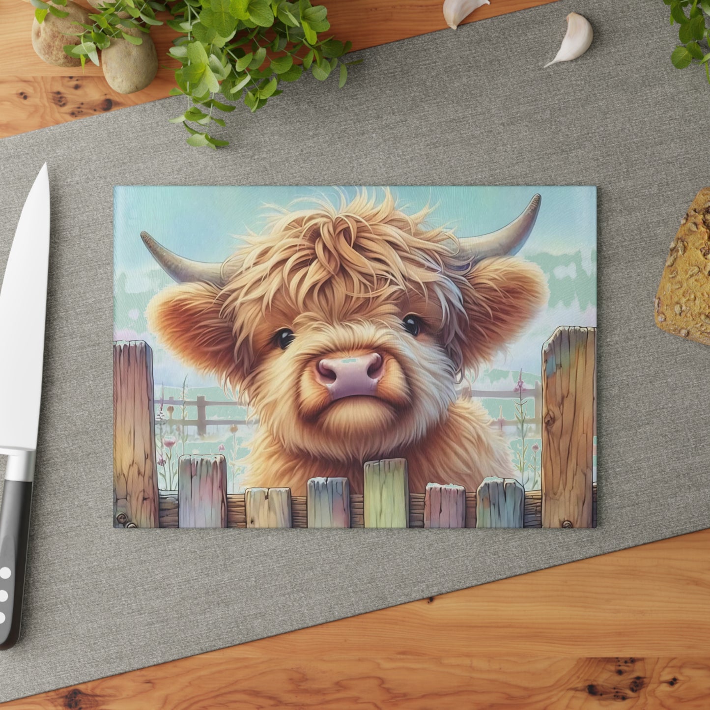 🐄 Highland Cow Looking Over a Wooden Fence Glass Cutting Board 🪵
