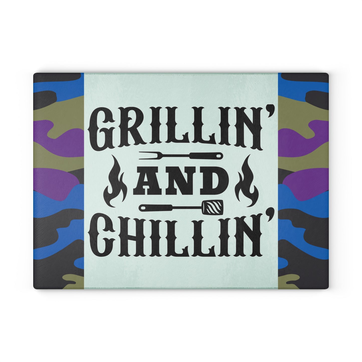 Tabla de cortar de vidrio GRILLIN AND CHILLIN – Estilo camuflaje para preparar barbacoa 🍔