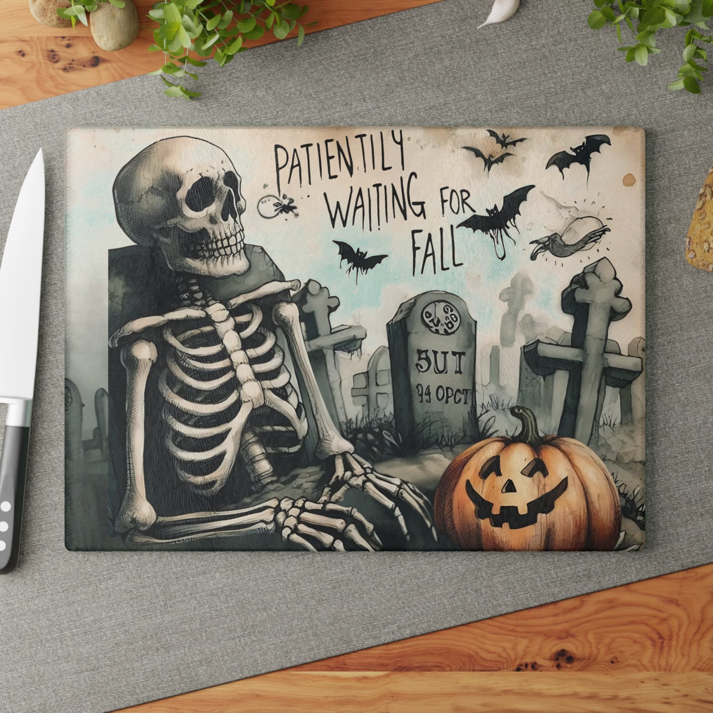 💀 Patiently Waiting for Fall Cutting Board – Graveyard Humor Meets Kitchen Fun 🎃