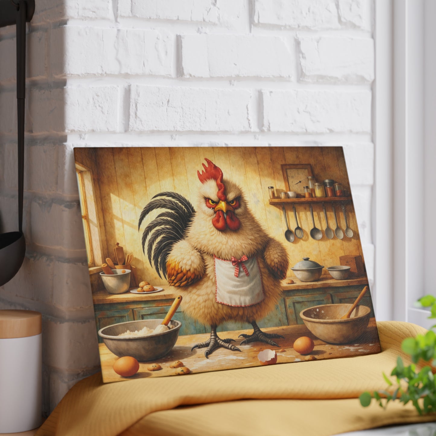 Feisty Farmhouse Chicken Glass Cutting Board – Rustic Kitchen Art with Attitude