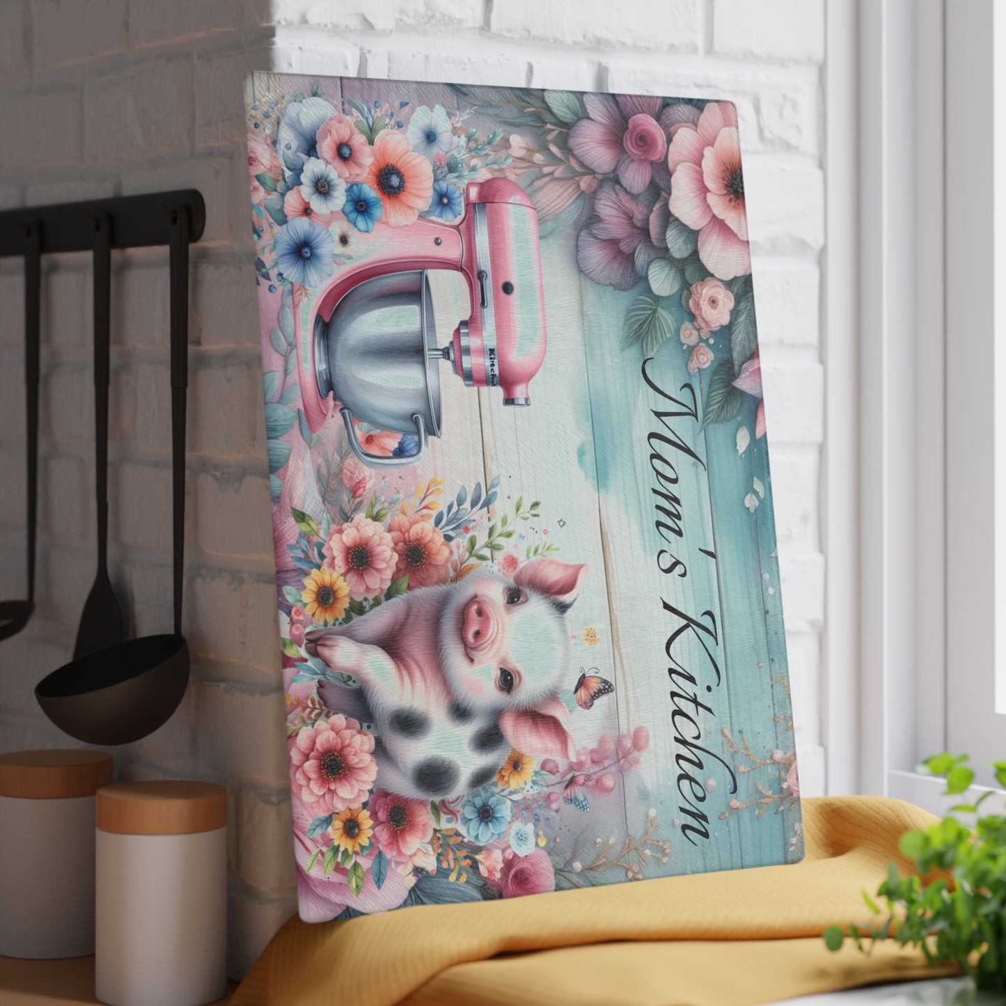 Tabla de cortar de cerdo, tabla de cortar personalizada, decoración con nombre personalizado, cocina de mamá, decoración de granja, tabla de cortar de vidrio, regalo para amantes de los cerdos,