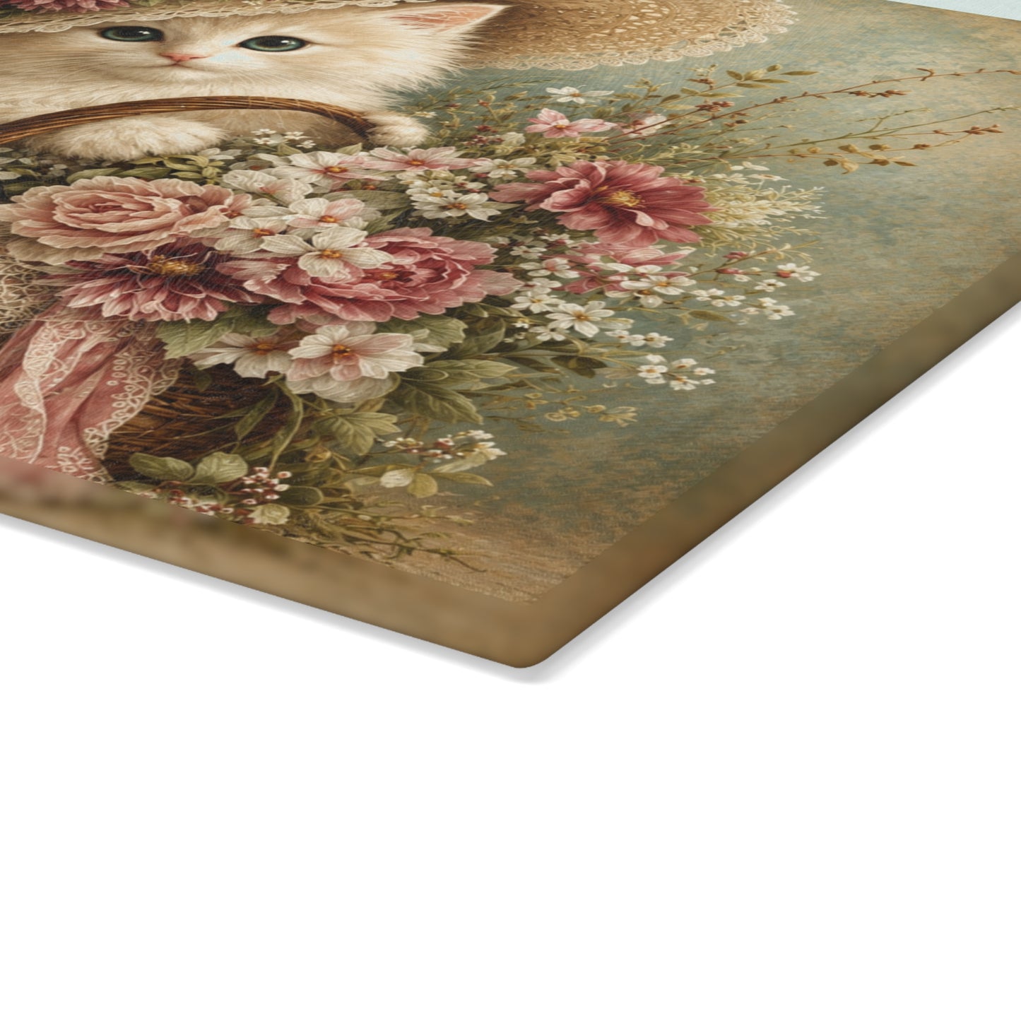 Vintage Floral Kitten Tempered Glass Cutting Board