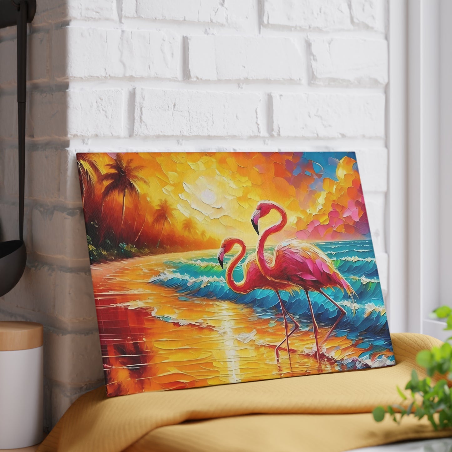 Tabla de cortar - Tabla de cortar de vidrio templado con diseño de flamenco rosa y atardecer en la playa, tabla de charcutería, tabla de cortar, regalo de inauguración de la casa, tabla de cortar personalizada, rústica