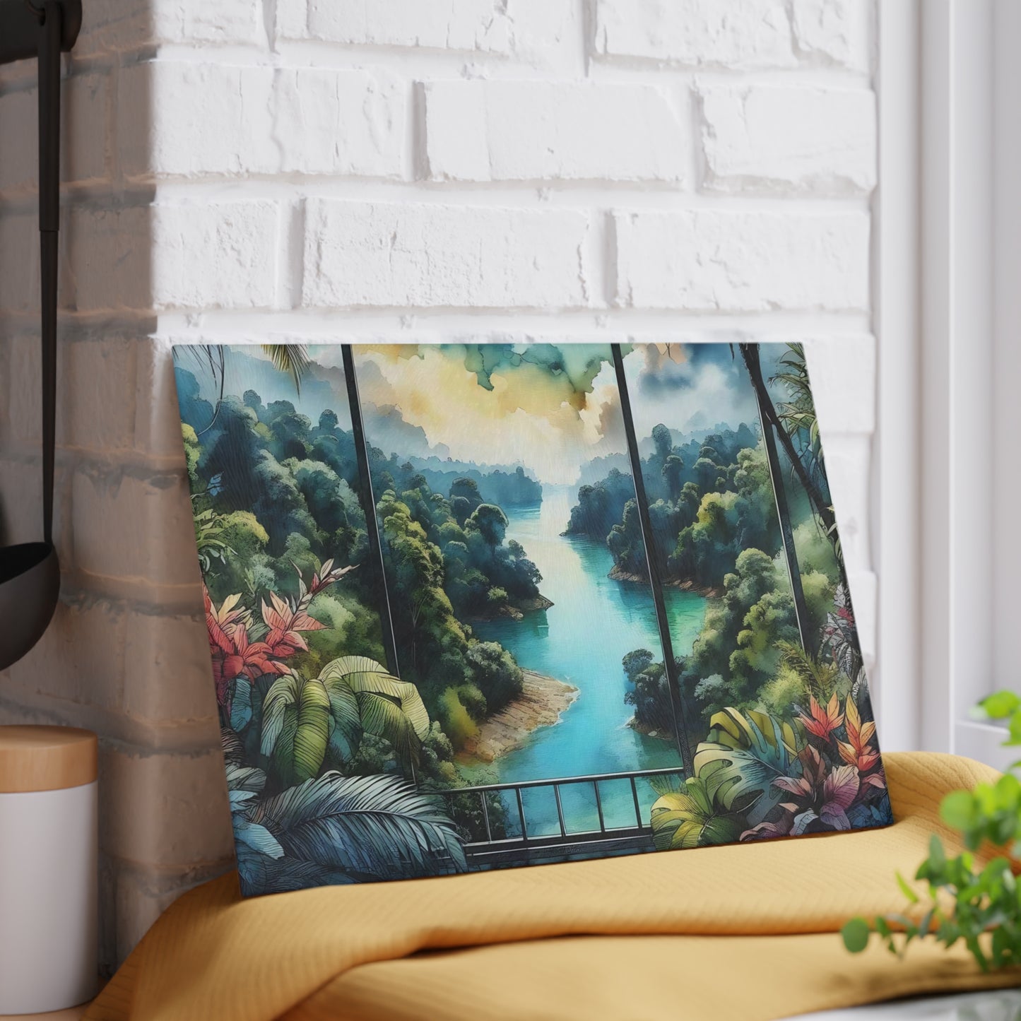 Tabla de cortar de vidrio templado con vista tropical: Escápate al paraíso