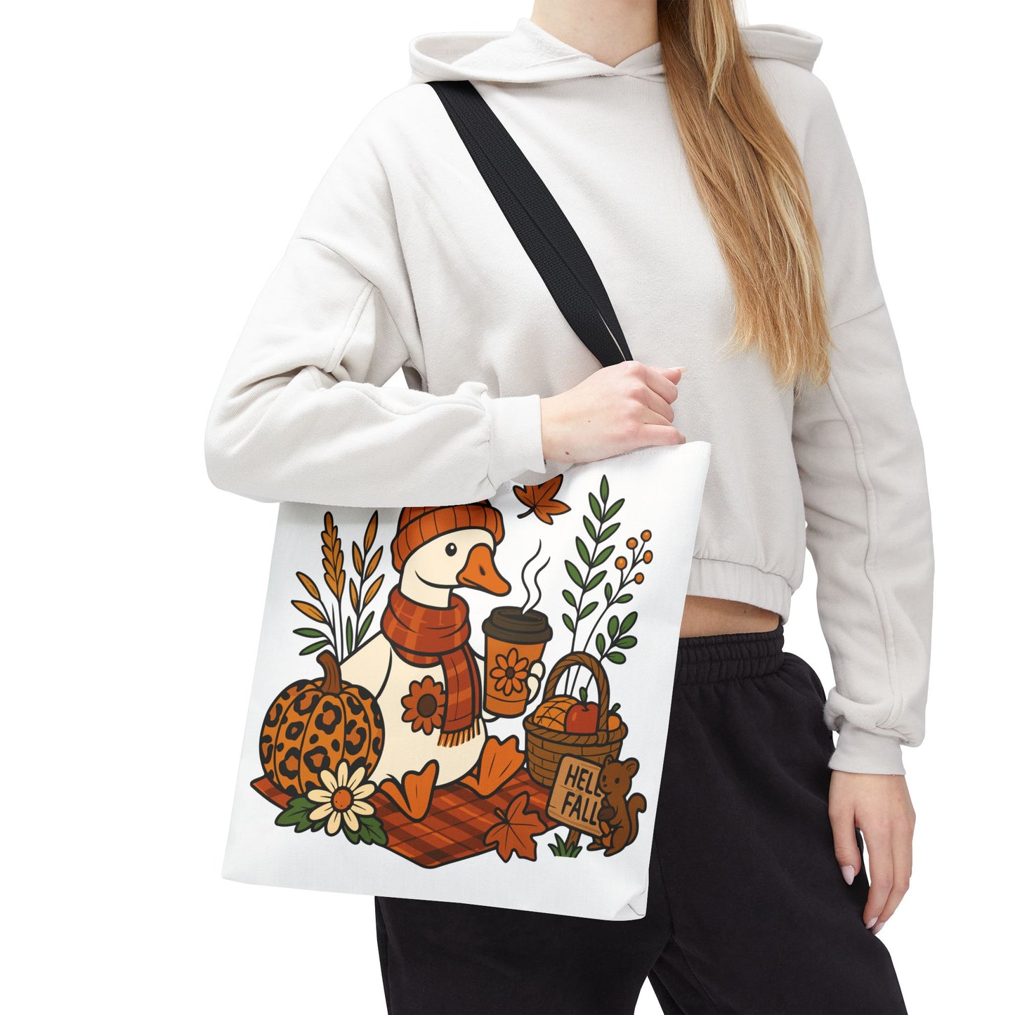 🧣 Hello Fall Cozy Duck Tote Bag – A Quirky Autumn Hug in a Bag 🍂🦆