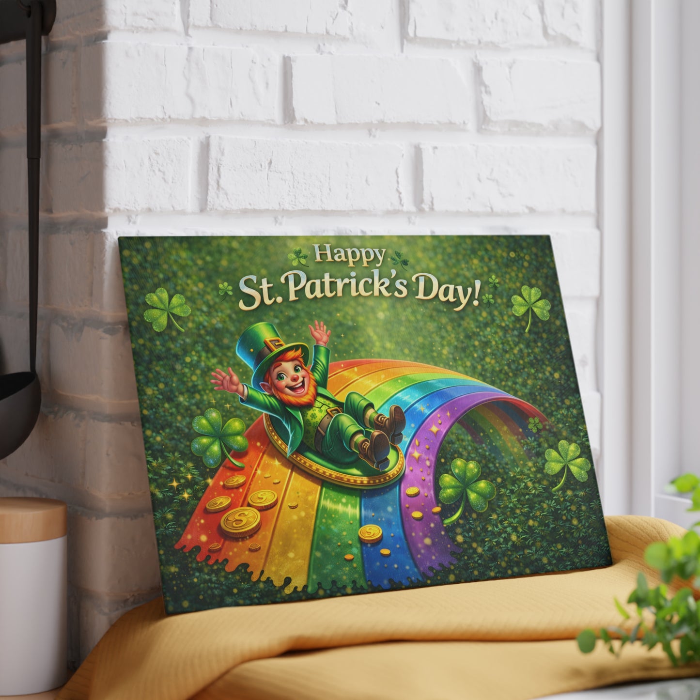 St. Patrick’s Day Leprechaun Rainbow Glass Cutting Board – Whimsical Irish-Inspired Kitchen Decor