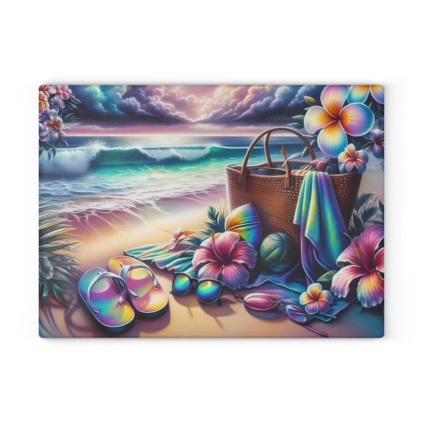 Tabla de cortar de vidrio "Día de Playa Tropical" - Decoración de cocina con ambiente veraniego, decoración costera, arte oceánico, regalo playero, tabla de cortar de vidrio, decoración de cocina tropical, aspecto pintado a mano, escena playera