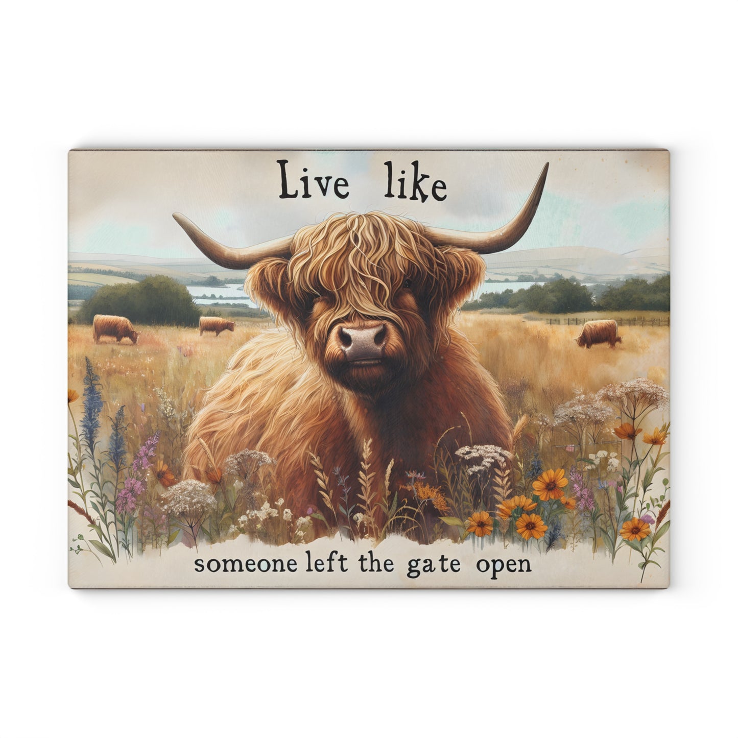 🐮 Highland Cow “Gate Open” Cutting Board – Rustic Charm with a Playful Twist