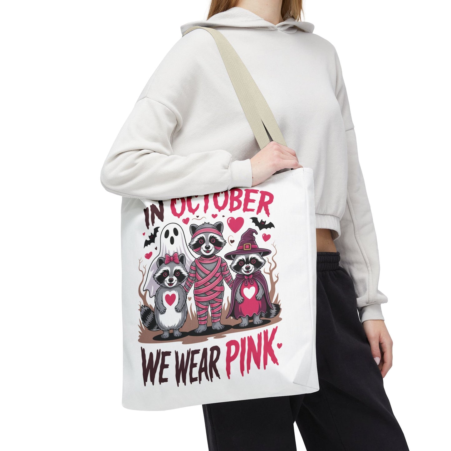 🎀 In October We Wear Pink Raccoon Halloween Tote Bag – Spooky Cute Awareness Style 🦝👜
