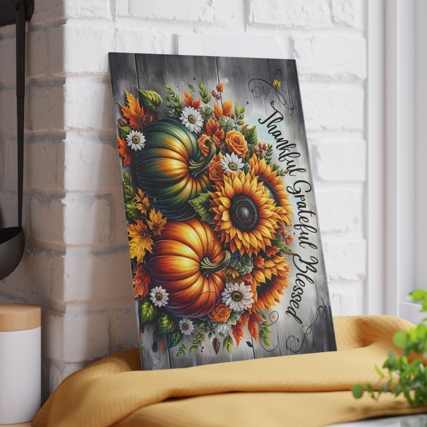 🍂🌻 “Thankful • Grateful • Blessed” Glass Cutting Board – Harvest Glow for Your Kitchen