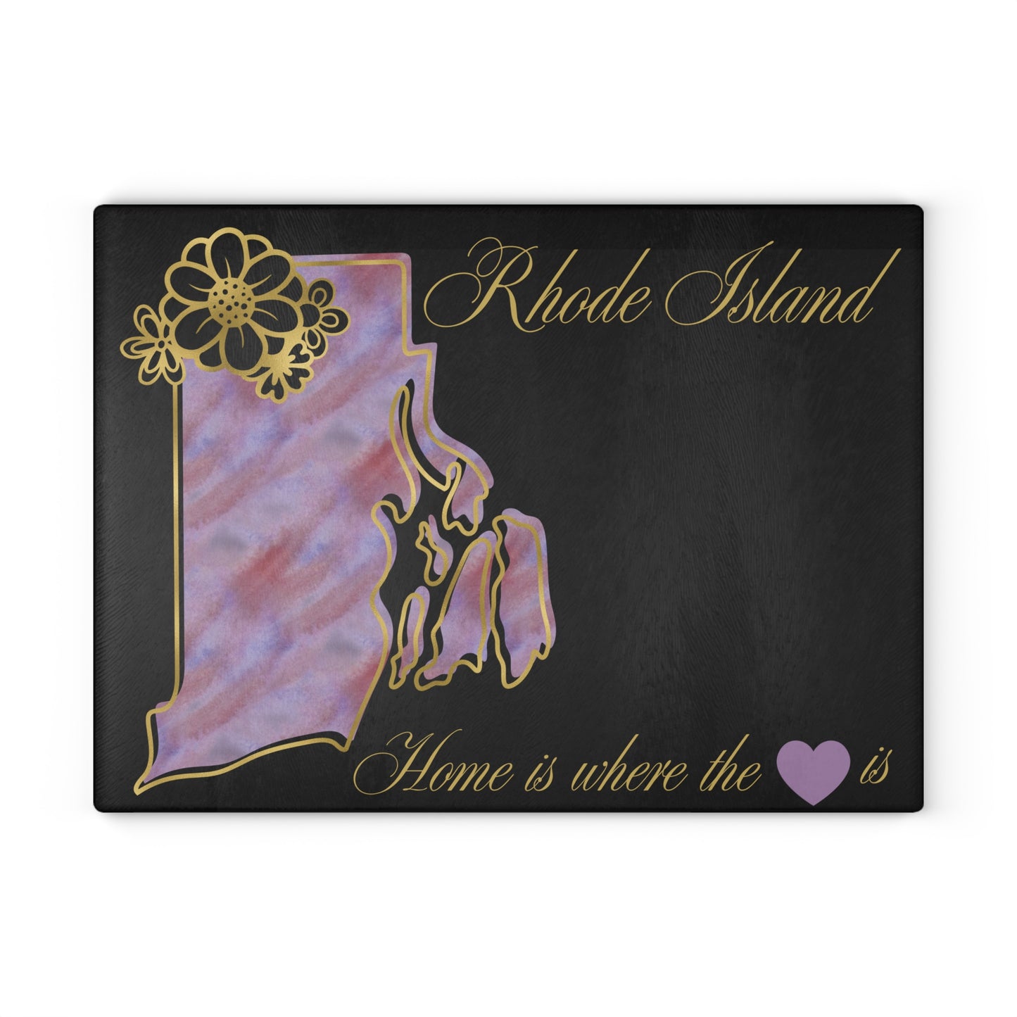 🖤 Rhode Island State Cutting Board – Elegant Watercolor Pride with Gold Florals 💜