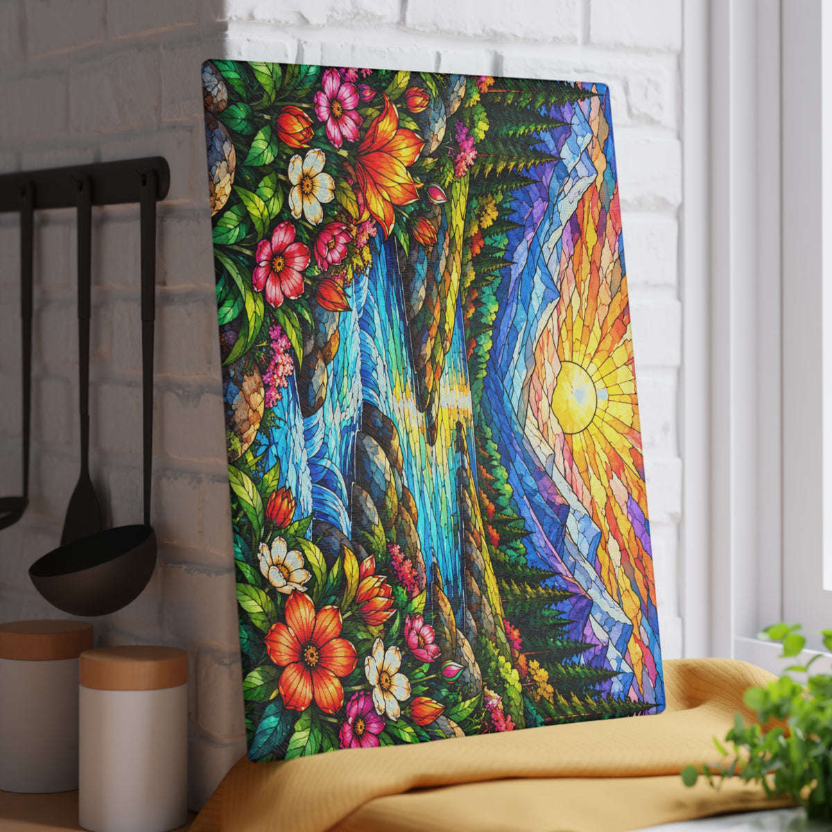 Stained-Glass-Inspired Mountain Sunset Cutting Board – Colorful Wildflowers, Alpine Lake & Waterfall Kitchen Décor
