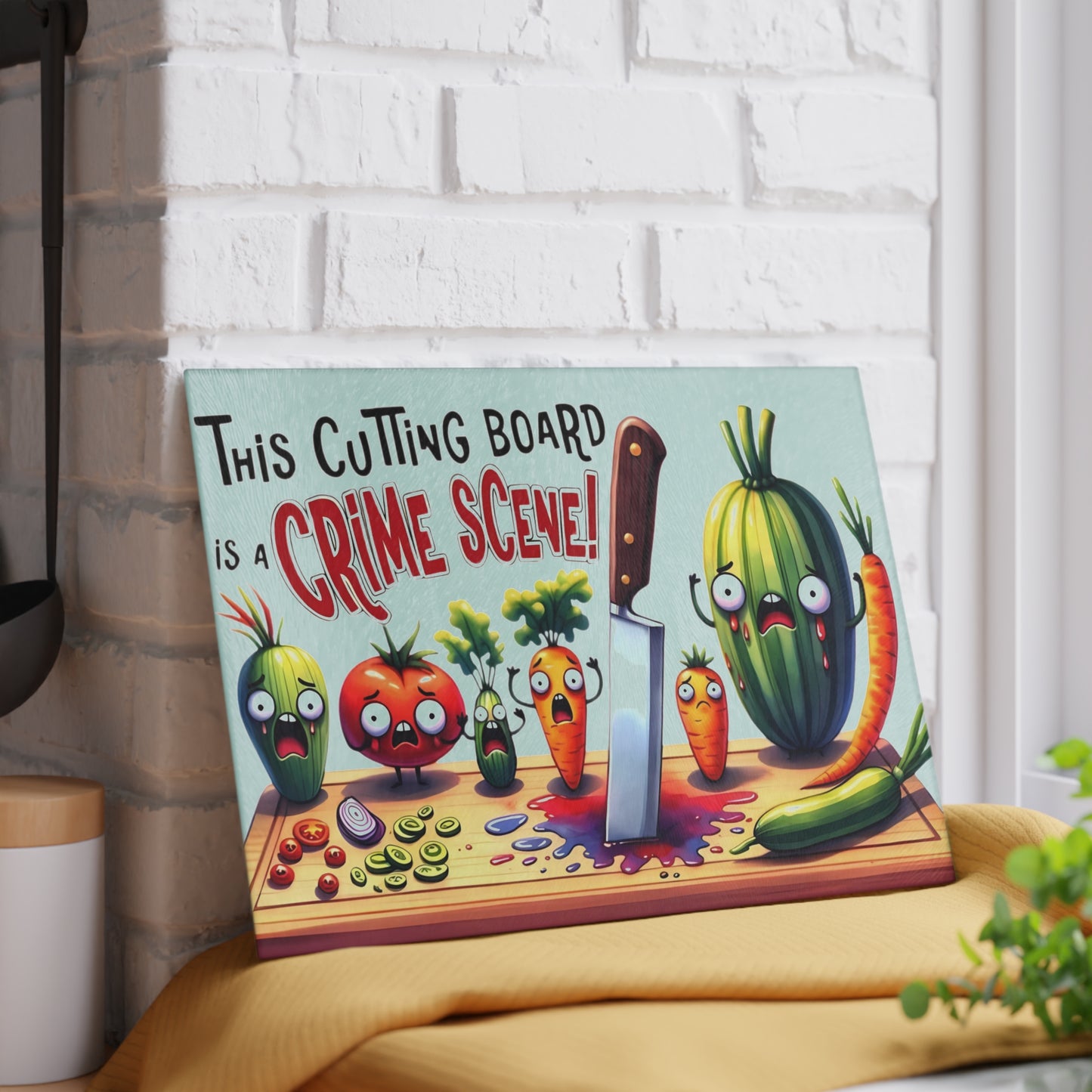 Tabla de cortar de vidrio para escena del crimen en la cocina: ¡Vegetales gritones y estilo asesino!