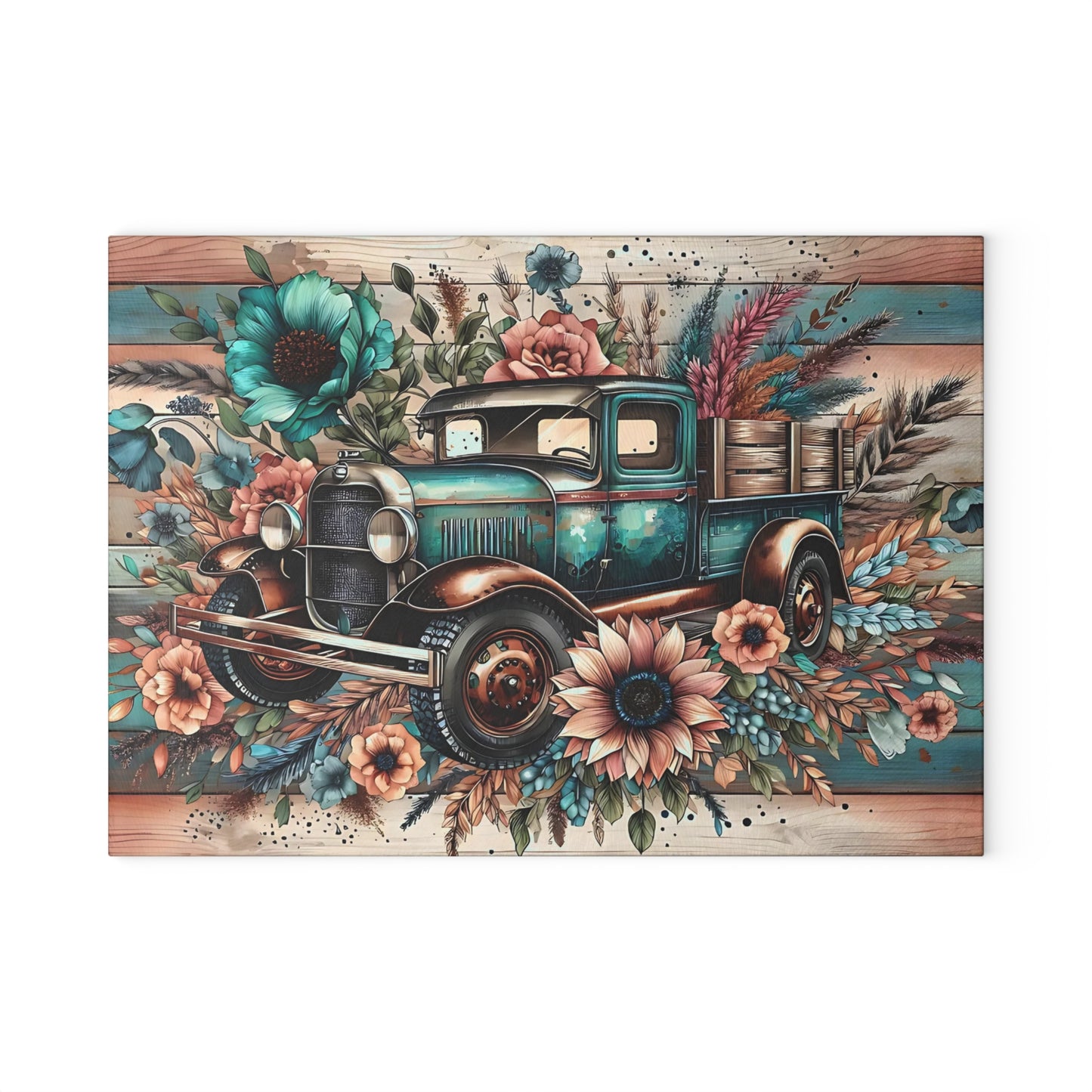 🚜🌸 Vintage Teal Farm Truck Cutting Board – Rustic Charm with Floral Elegance 🌻🌿
