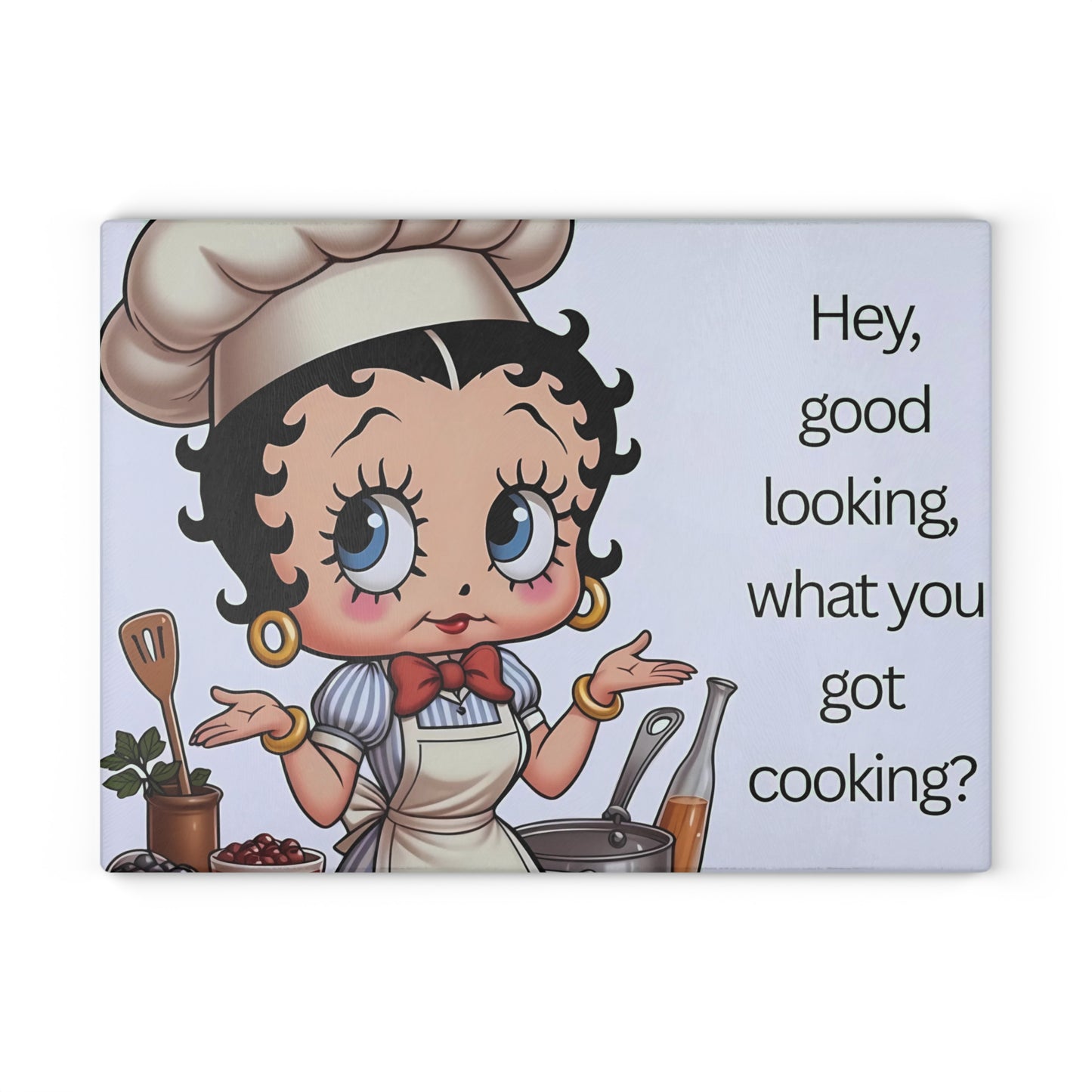 👩🍳 Retro Chef Girl Glass Cutting Board – “Hey Good Looking, What You Got Cooking?”