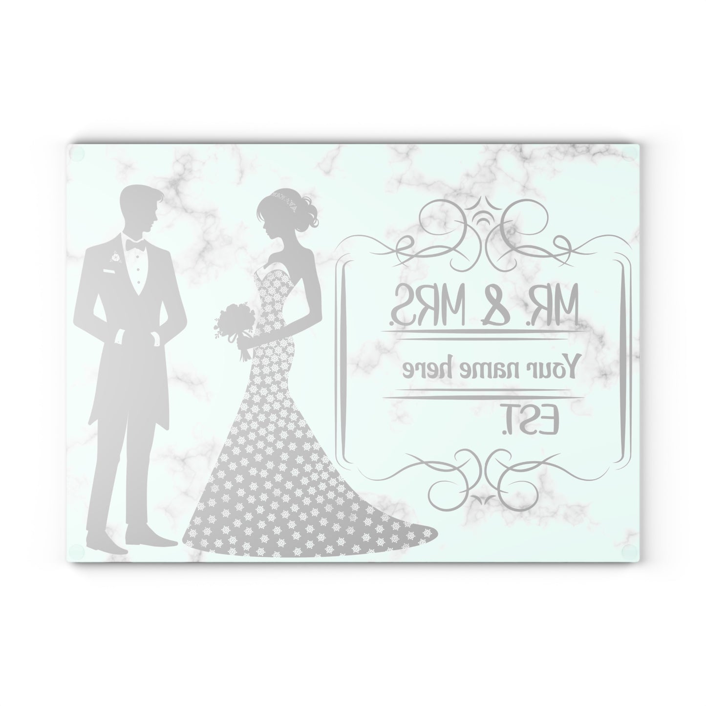 👰♀️ Elegante tabla de cortar de mármol para bodas de Sr. y Sra.: regalo personalizado para pareja con apellido y año
