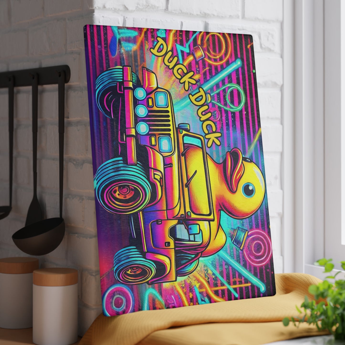 Tabla de cortar de vidrio con diseño de jeep neón y patito de goma: decoración todoterreno vibrante para la cocina, tabla de cortar para jeep, jeep neón, jeep con patito de goma