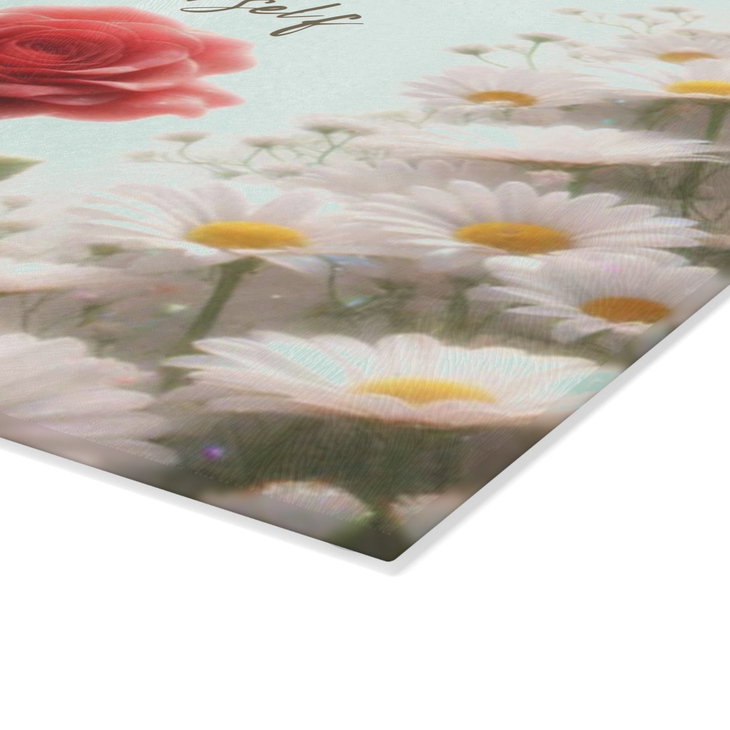 Tabla de cortar de vidrio "Está bien ser tú mismo" - Rosa única en un campo de margaritas, Regalo único, Tabla de cortar de vidrio, Tabla de charcutería, Tabla de cortar personalizada, Flores