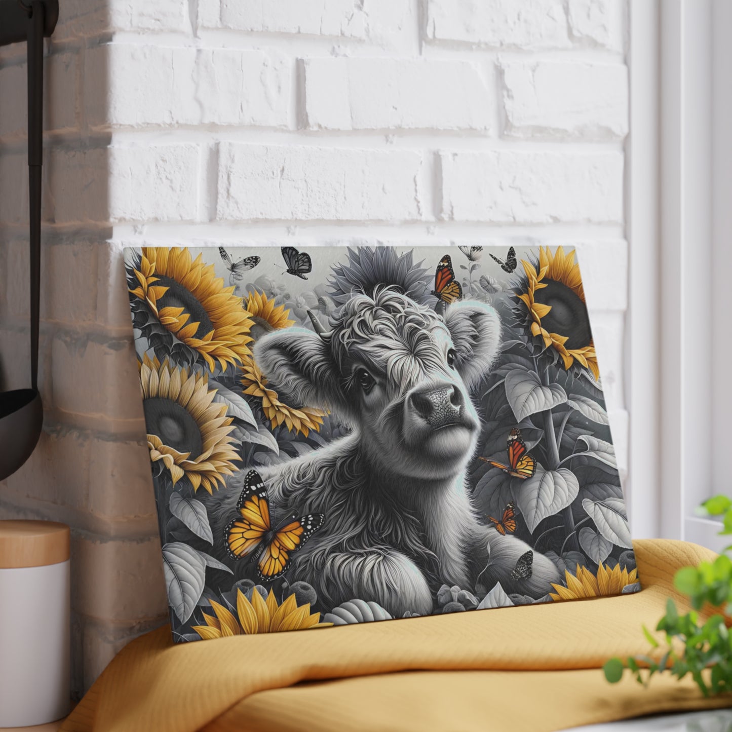 🐮 Black & White Calf with Sunflowers & Butterflies Cutting Board – Rustic Farmhouse Beauty in Glass