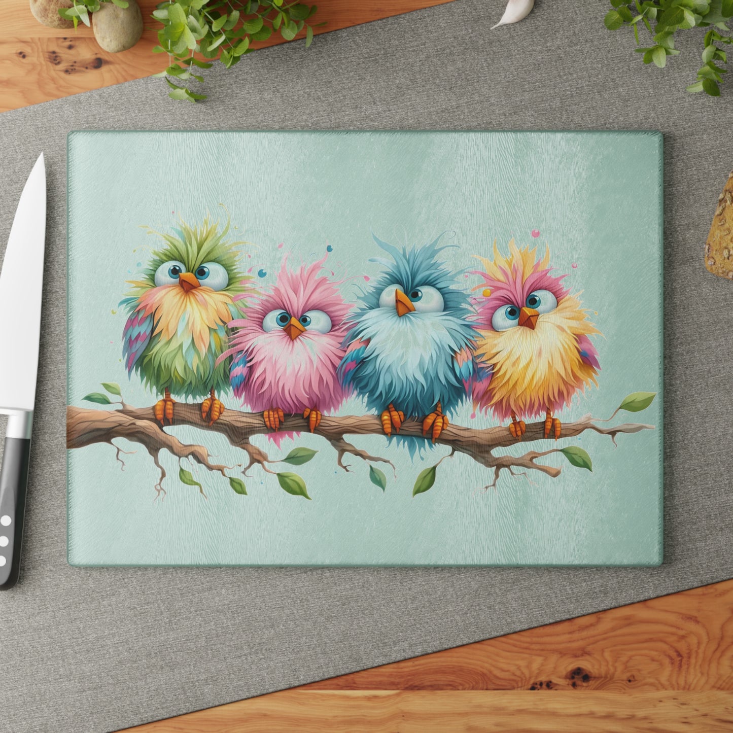 Tabla de cortar - Diseño pastel de pájaros esponjosos - Rosa rosa única en un campo de margaritas, Regalo único, Tabla de cortar de vidrio, Tabla de charcutería, Tabla de cortar personalizada, Flores