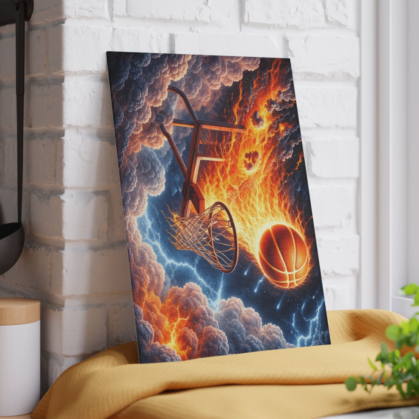 Fiery Basketball Slam Glass Cutting Board – High-Energy Sports Art for Your Kitchen